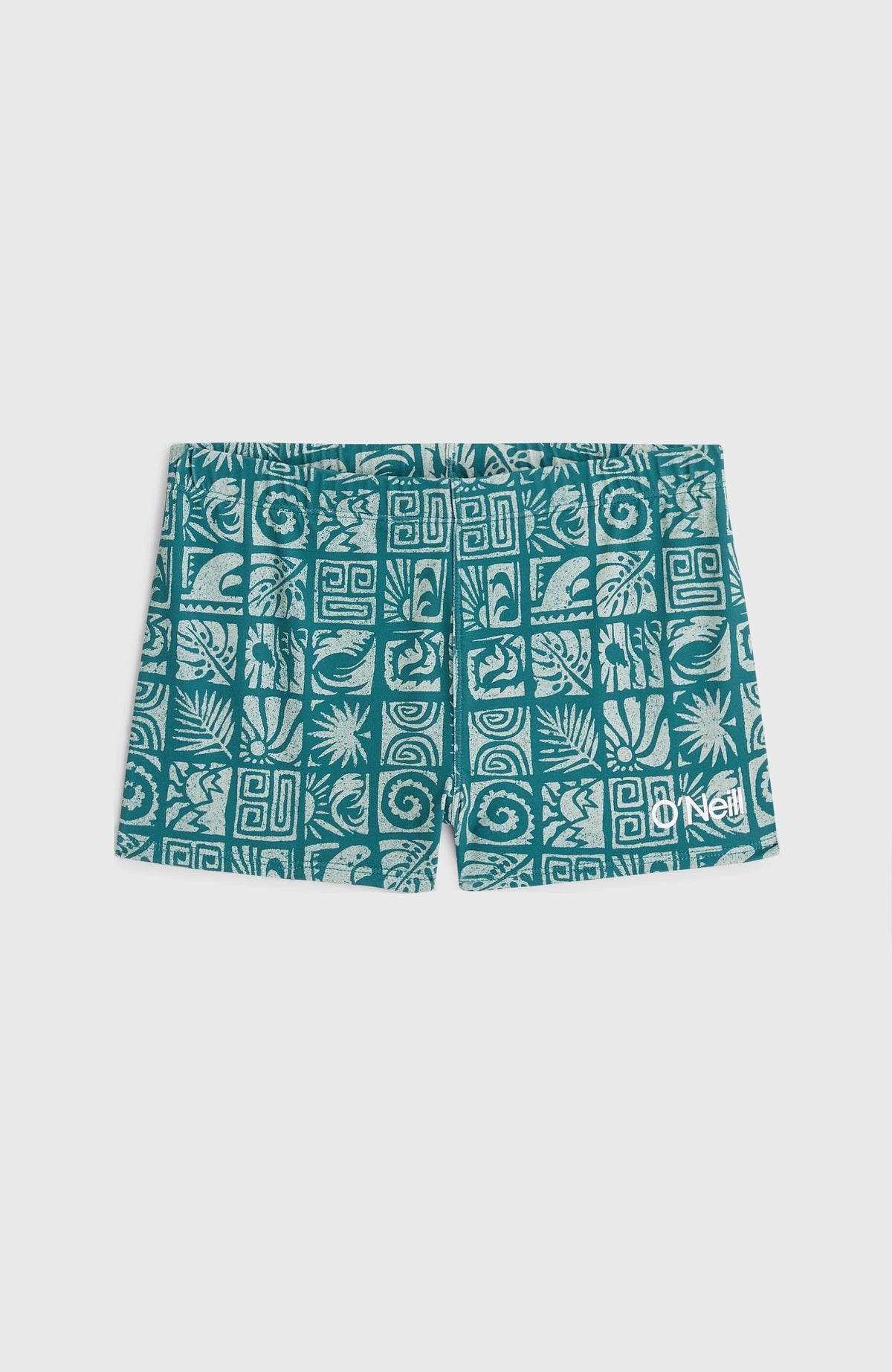 O'Neill Print Racer Badehose für Jungen, blau mit Grafikmuster in Weiß, flach liegend von vorne