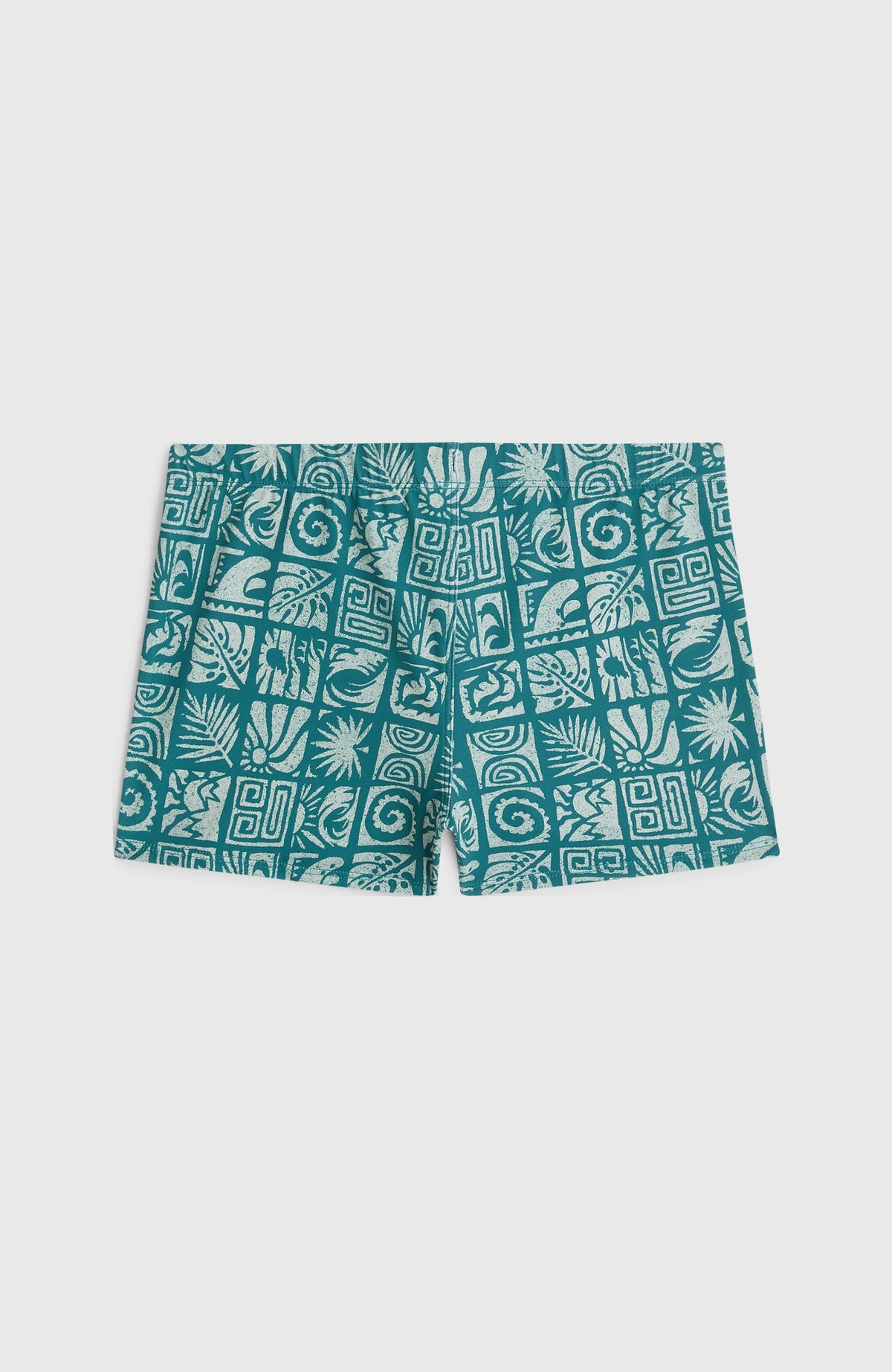 Print Racer Badehose für Jungen, blau mit Grafikmuster in Weiß, flach liegend von hinten