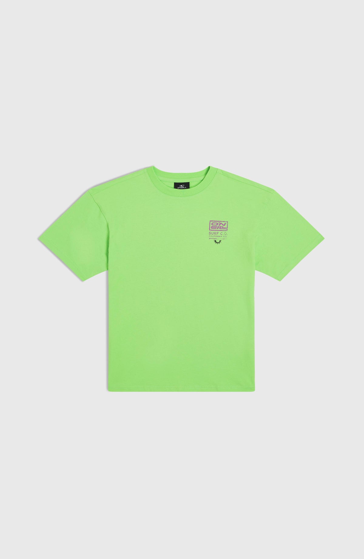 Back Print T-Shirt für Jungen, grün mit Grafik-Print in Lila und Schwarz, flach liegend von vorne