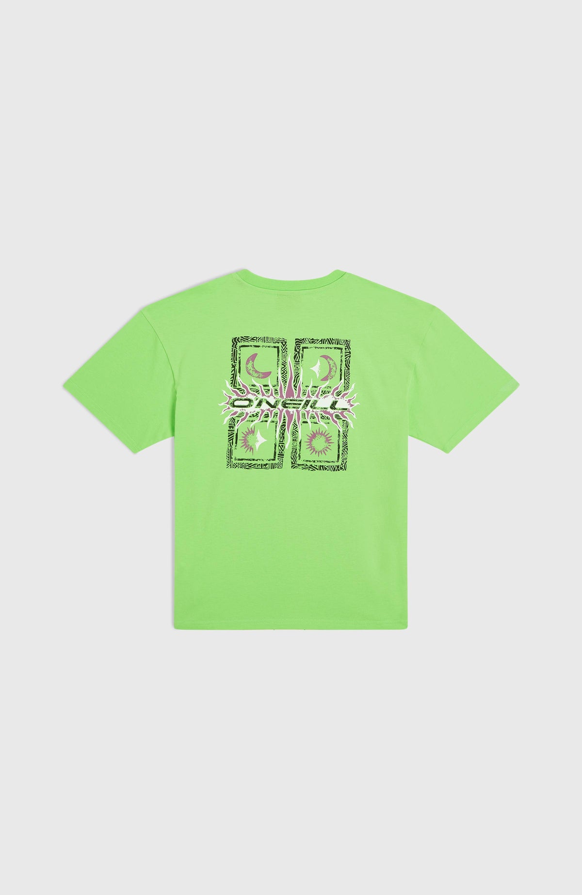 Back Print T-Shirt für Jungen, grün mit Grafik-Print in Lila und Schwarz, flach liegend von hinten