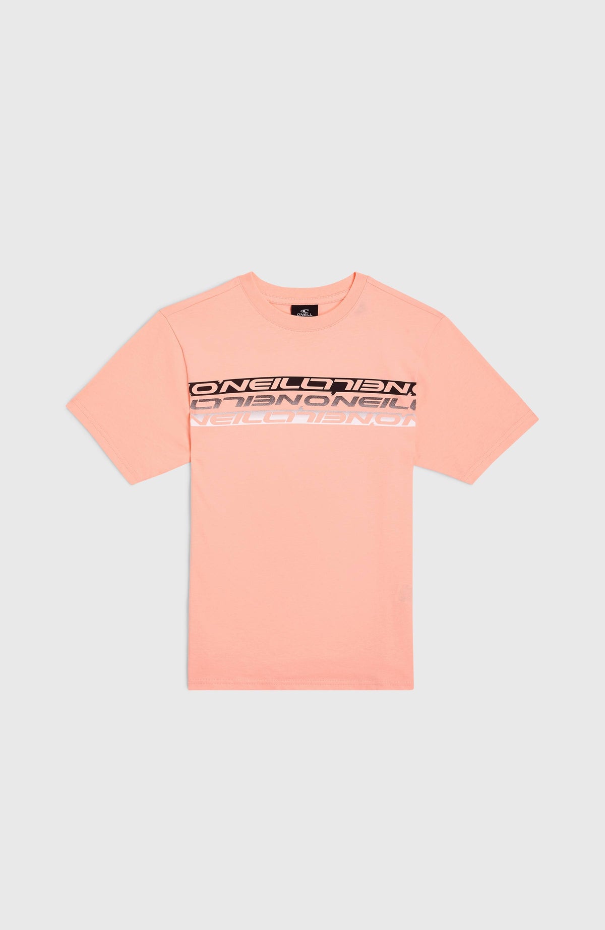 Stripe T-Shirt für Jungen, pink mit Logo-Print in Schwarz und Weiß, flach liegend von vorne