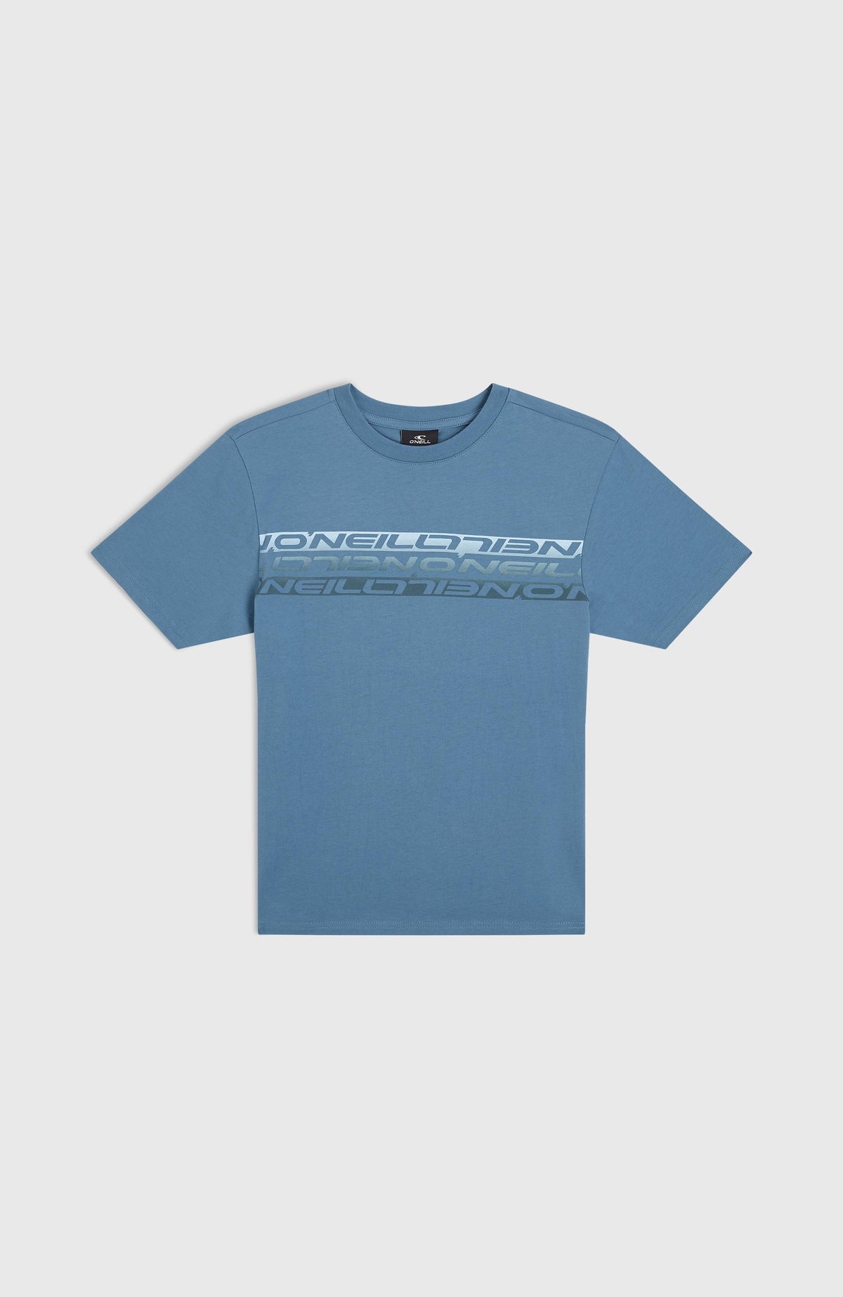 O'Neill Stripe T-Shirt für Jungen, blau mit Logo-Print in Weiß und Türkis, flach liegend in der Vorderansicht