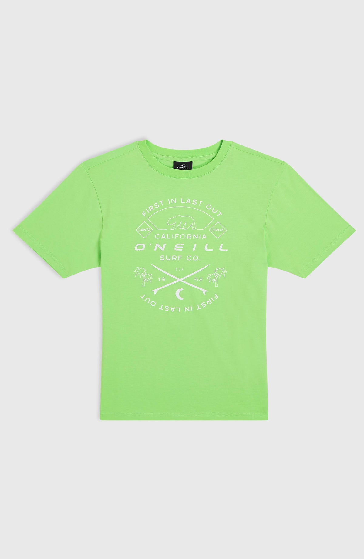 Jack O'Neill Muir T-Shirt für Jungen, grün mit Logo-Print in Weiß, flach liegend von vorne