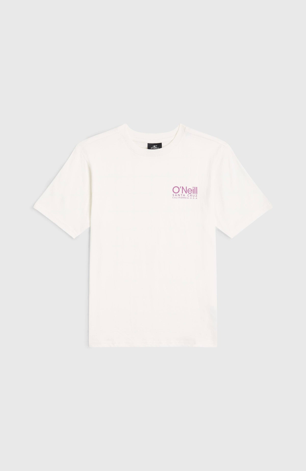 O'Neill Original Cali Logo T-Shirt für Jungen, weiß mit Logo-Print in Pink auf der Brust, flach liegend von vorne