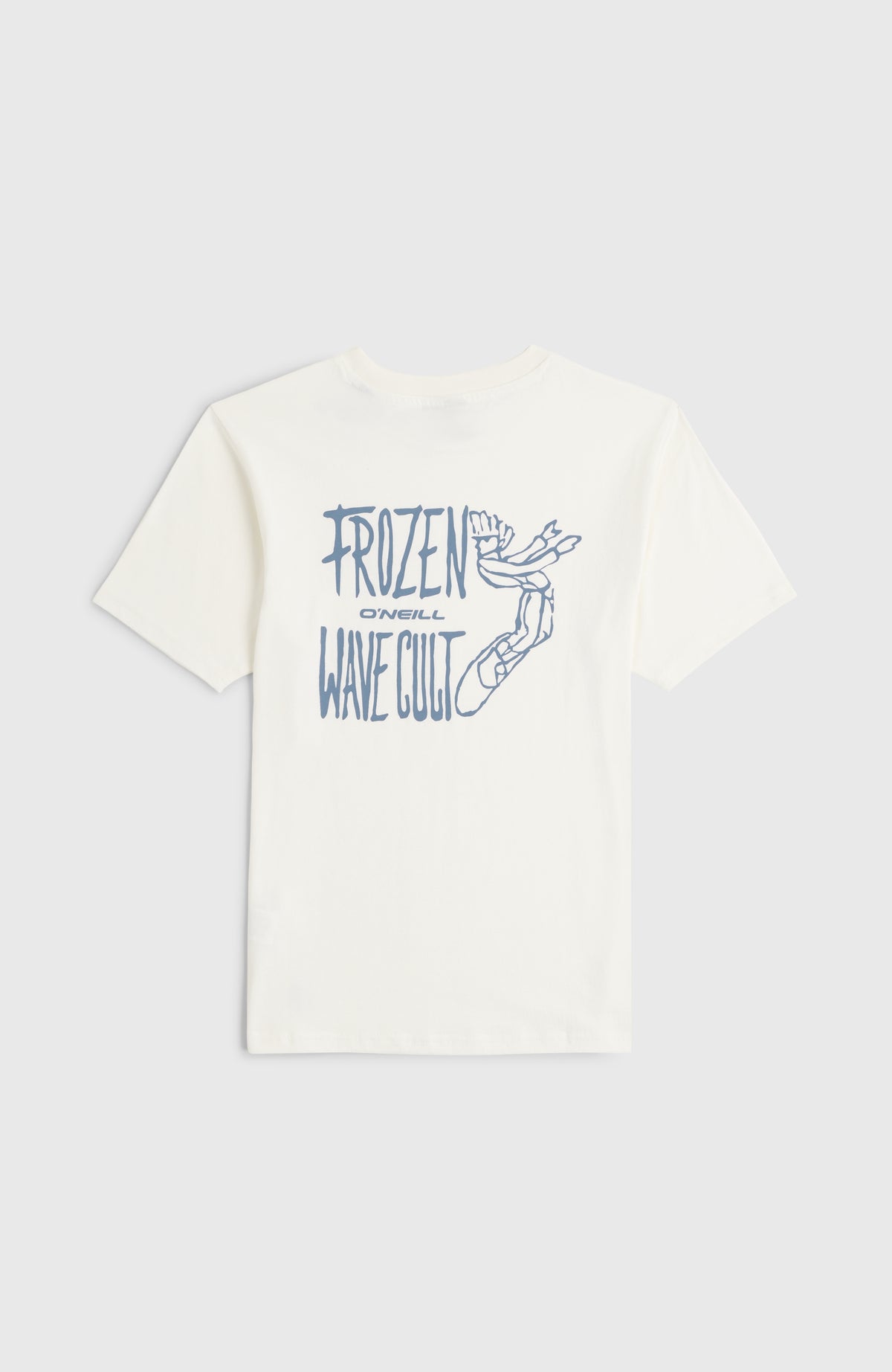 Back-Print T-Shirt für Jungen, weiß mit Grafik-Print in Blau, flach liegend von hinten mit Rückenprint