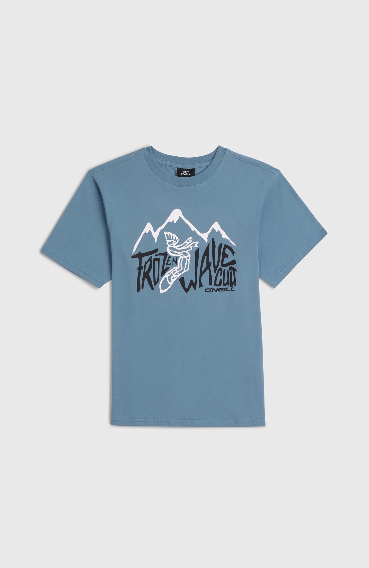 O'Neill Must-Have T-Shirt für Jungen, blau mit Grafik-Print in Weiß und Schwarz, flach liegend in der Vorderansicht