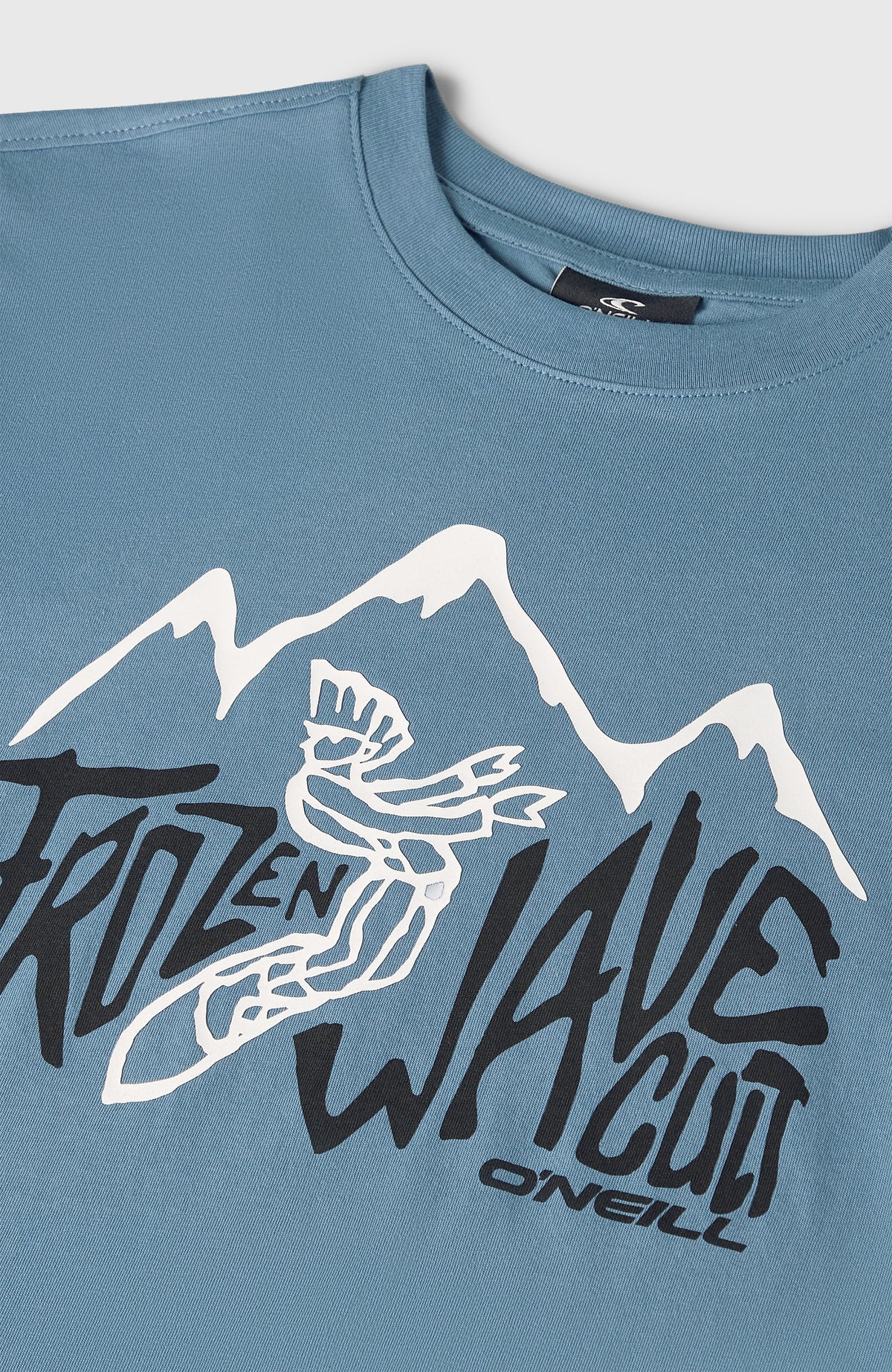 Must-Have T-Shirt für Jungen, blau mit Grafik-Print in Weiß und Schwarz, Nahaufnahme des Halsausschnitts