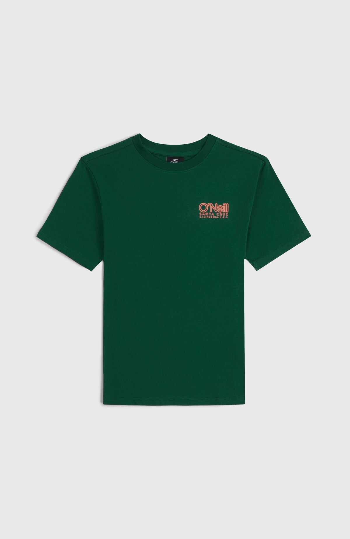 O'Neill Essentials Cali Logo T-Shirt für Jungen, grün mit Logo-Print in Orange, flach liegend von vorne
