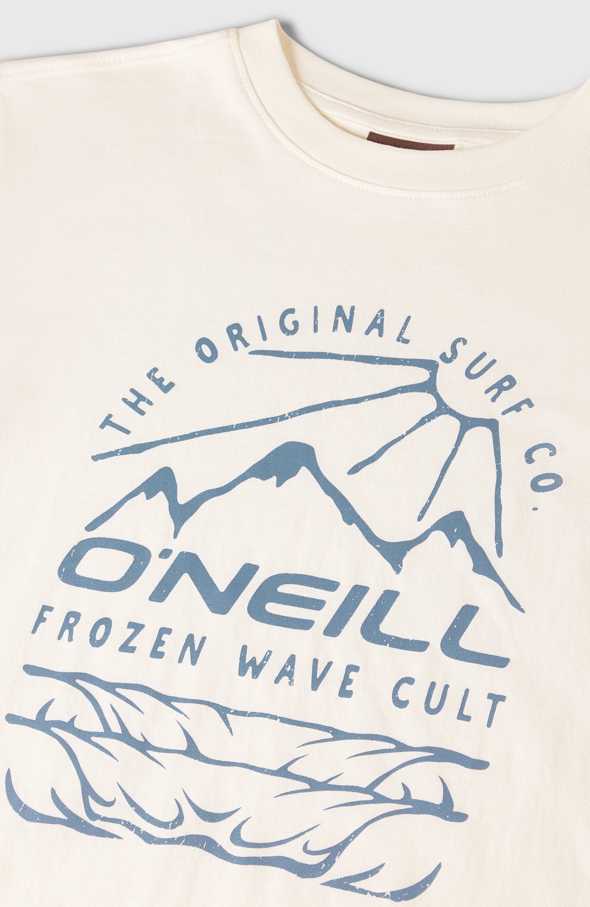 Jack O'Neill T-Shirt für Jungen, weiß mit Grafik-Print in Blau, Nahaufnahme des Brust-Prints