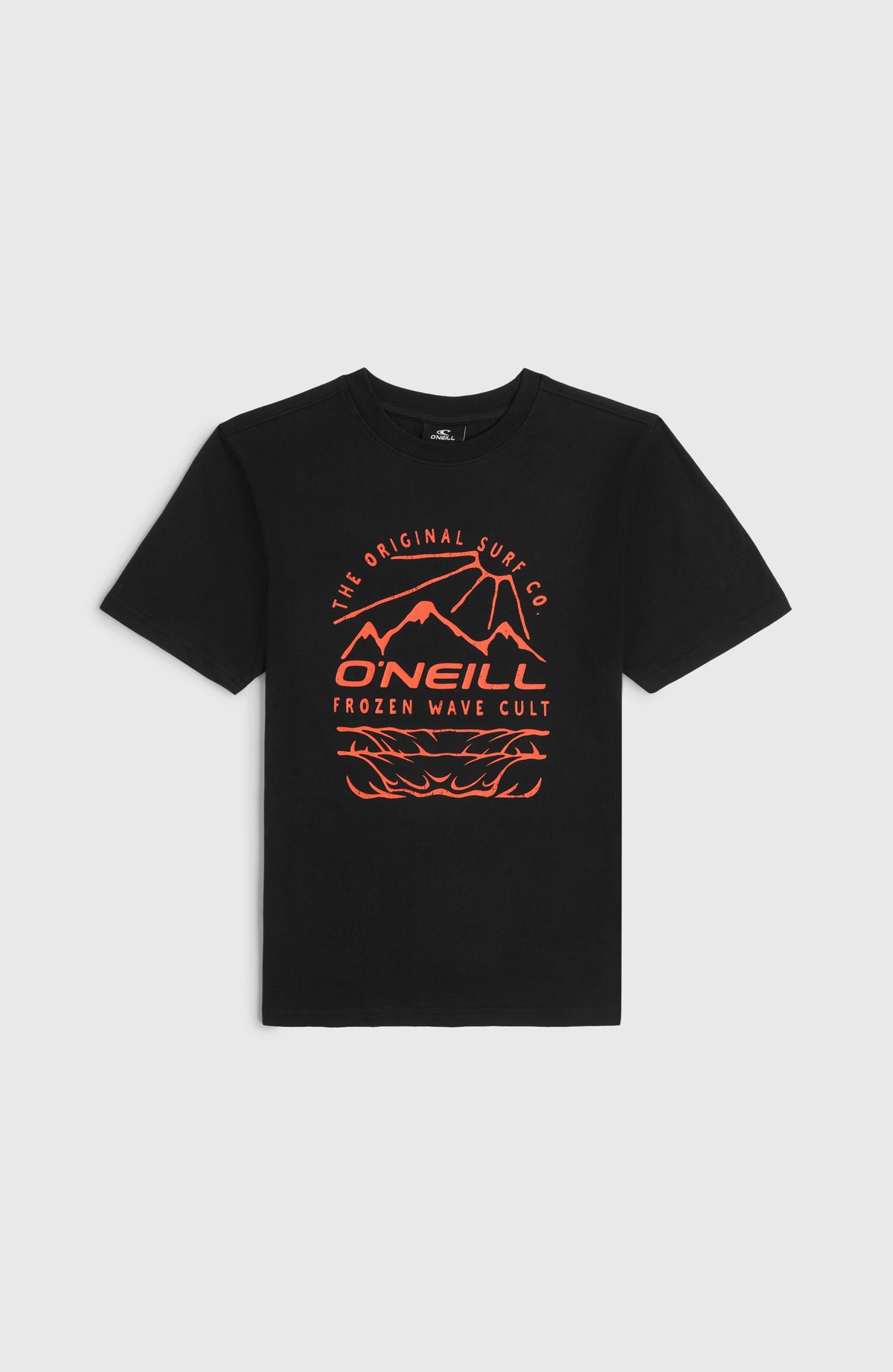 O'Neill Jack O'Neill T-Shirt für Jungen, schwarz mit Grafik-Print in Orange, flach liegend von vorne