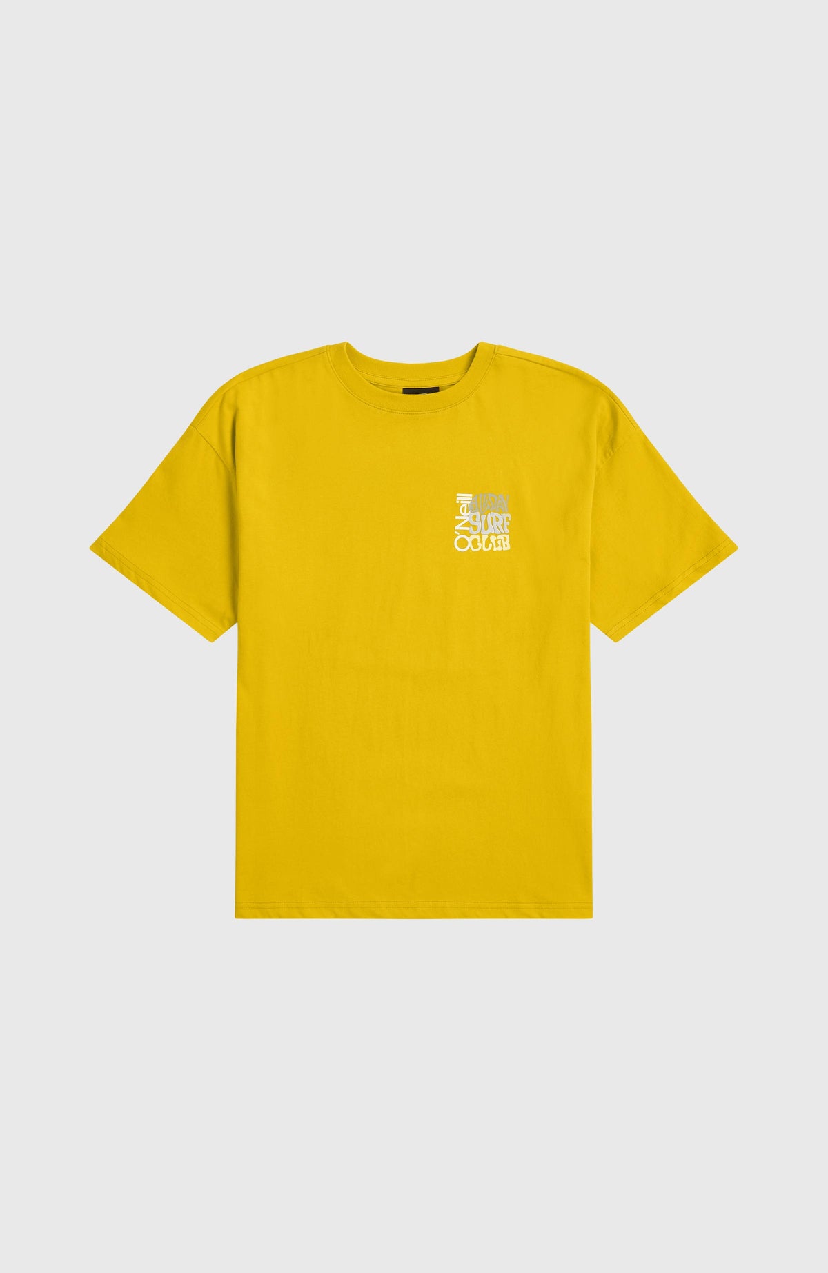 Gelbes Back Print T-Shirt für Jungen mit Logo-Print in Grau und Weiß, flach liegend von vorne