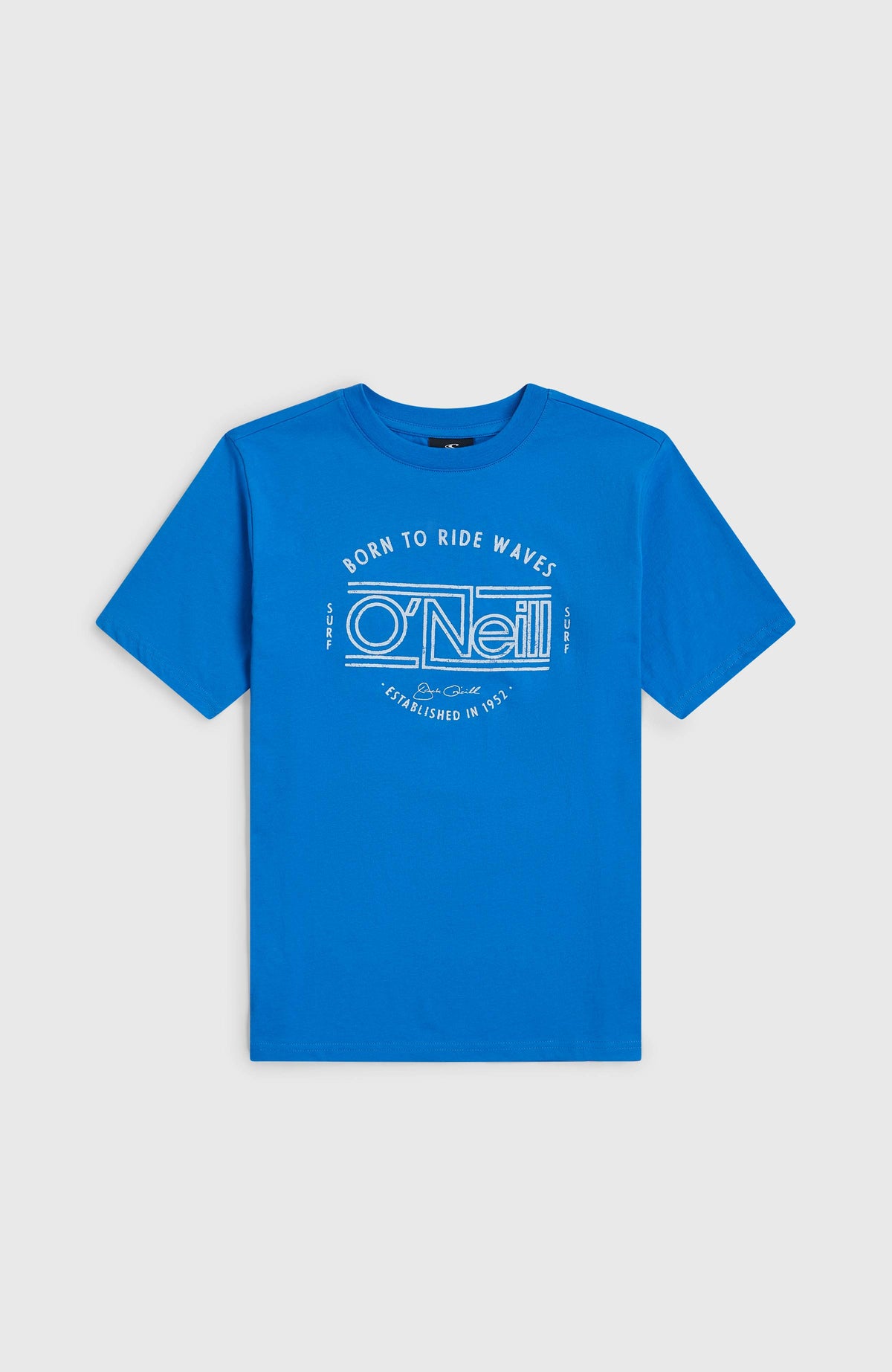 Muir T-Shirt für Jungen, blau mit Logo-Print in Weiß, flach liegend von vorne