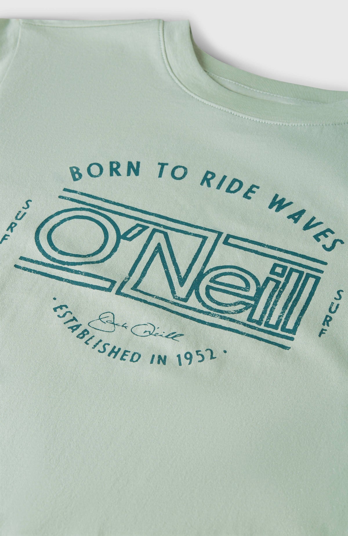 Nahaufnahme von Rundhalsausschnitt und Logo-Print des grünen Muir T-Shirts, flach liegend