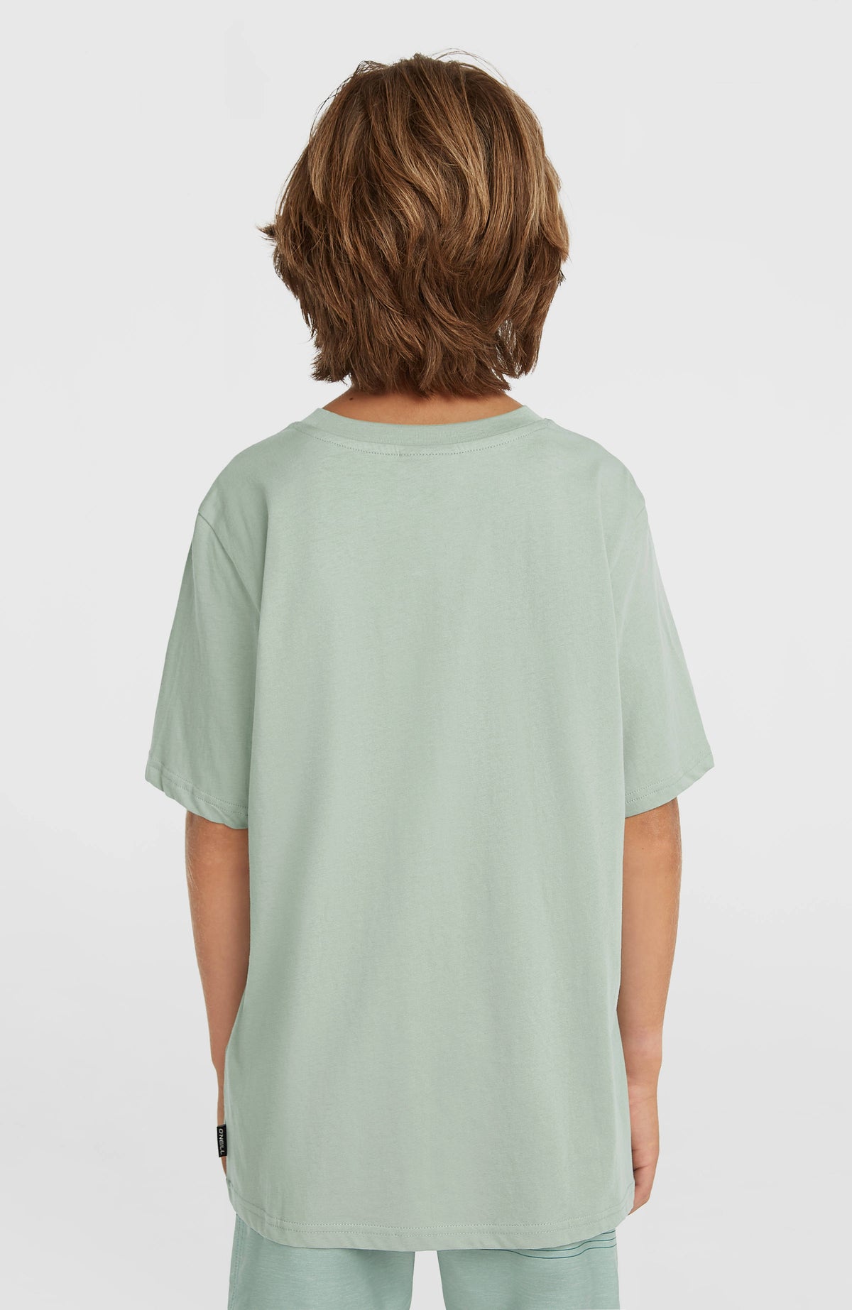 Muir T-Shirt für Jungen, grün, getragen am Model in Rückansicht, unifarbene Rückseite