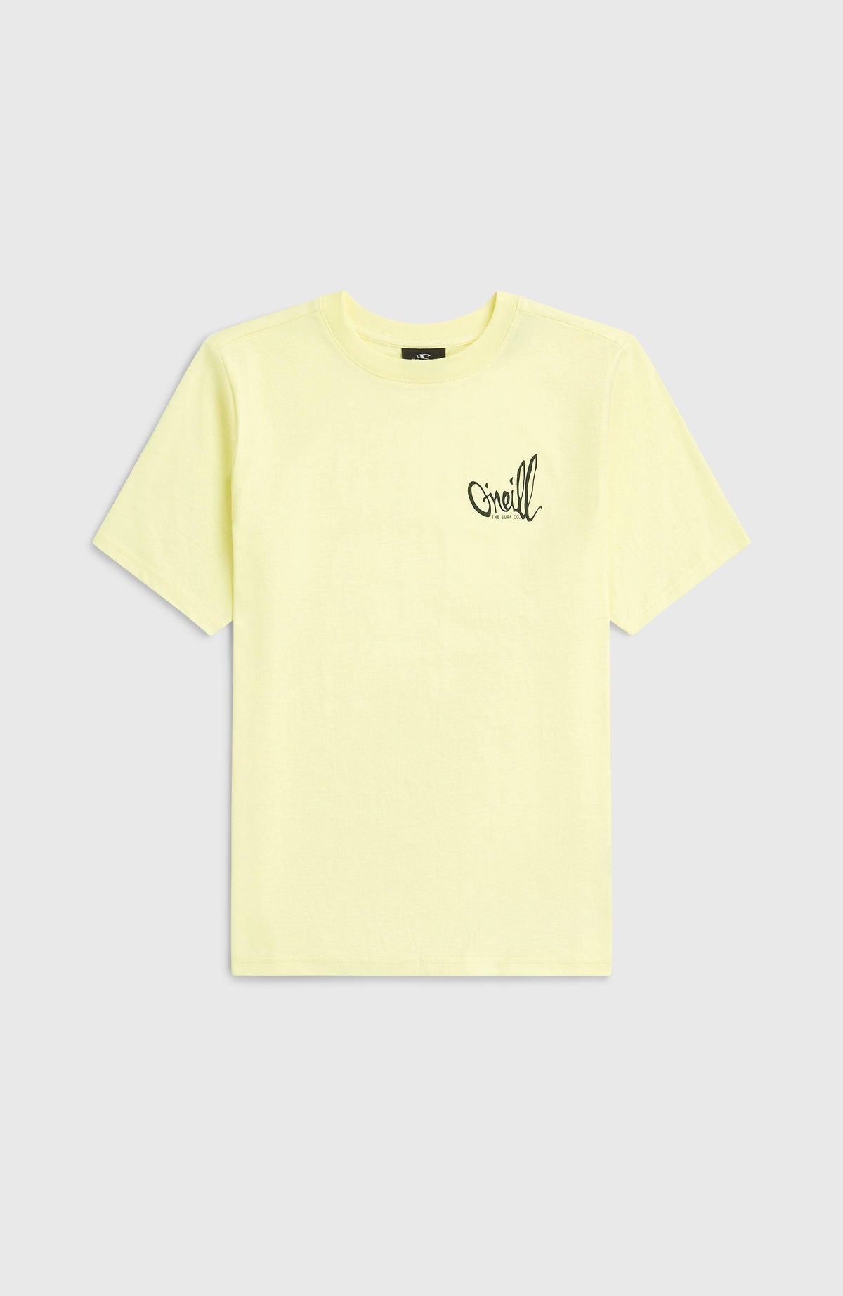 Chest-Print T-Shirt für Jungen, gelb mit Logo-Print in Schwarz, flach liegend von vorne