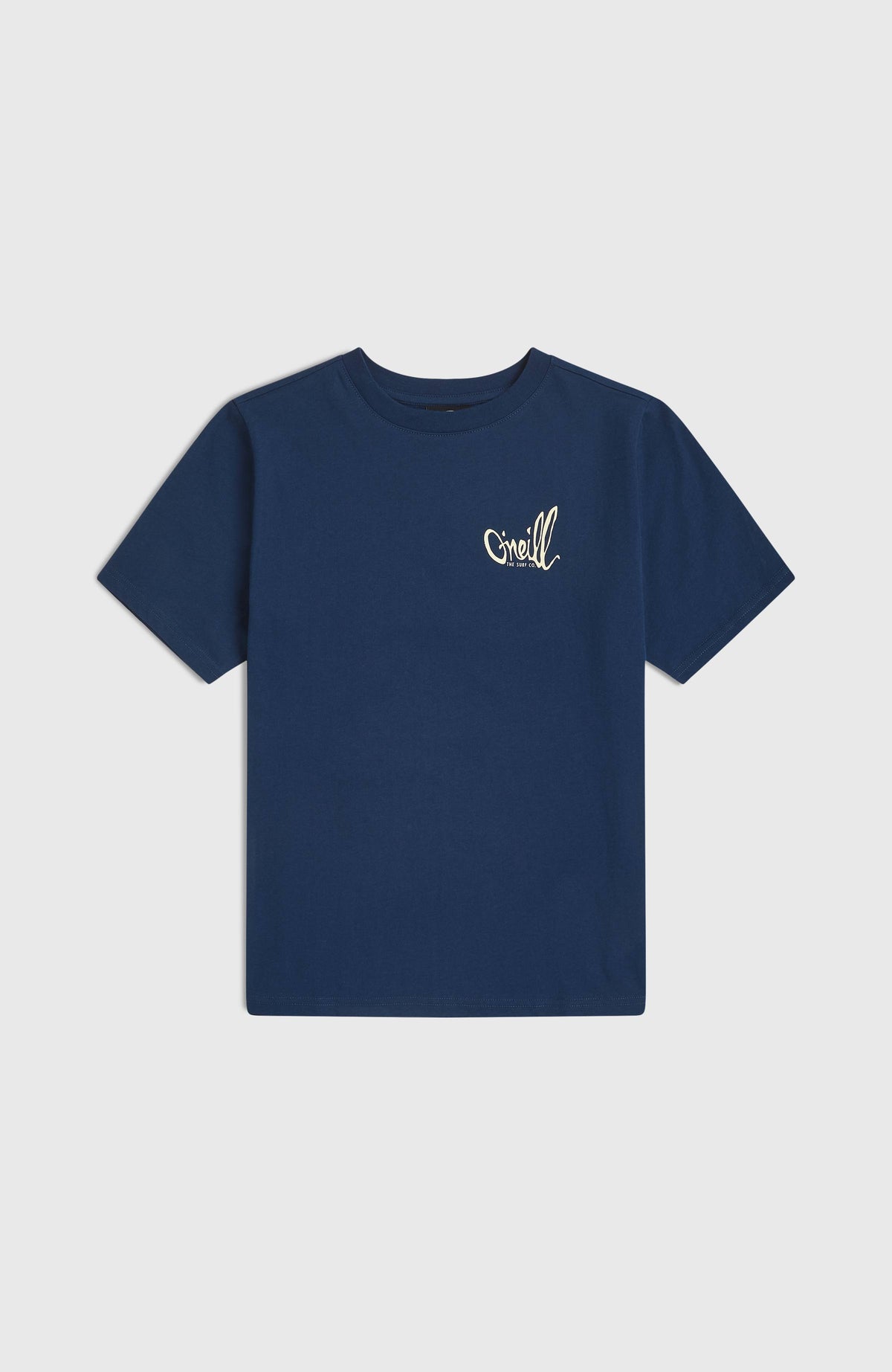 Chest-Print T-Shirt für Jungen, blau mit Logo-Print in Cremeweiß, flach liegend von vorne, Rundhalsausschnitt