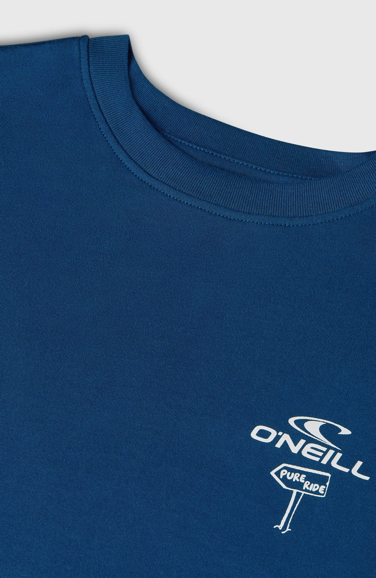 Loose Print T-Shirt, blau, Nahaufnahme von Rundhalsausschnitt und kleinem Brustprint