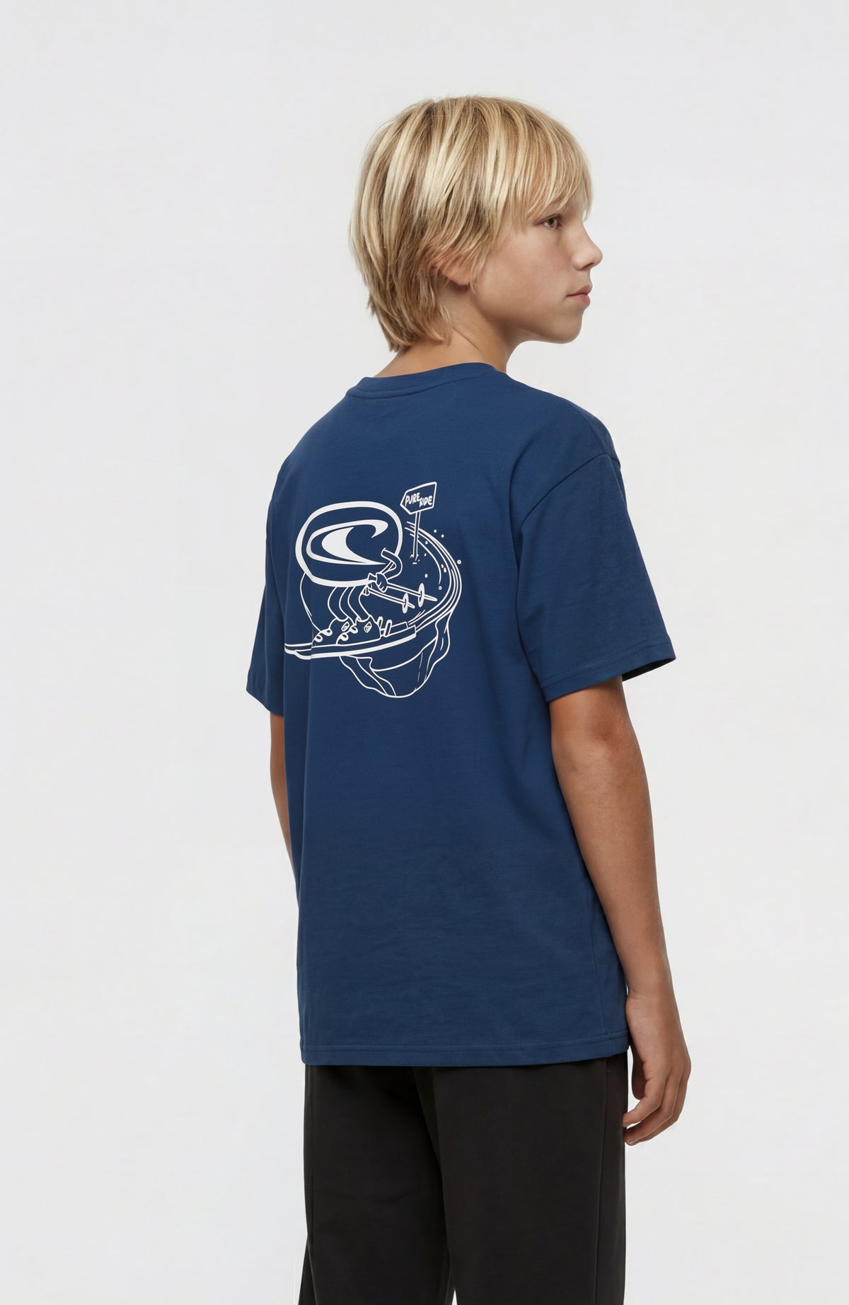 Loose Print T-Shirt für Jungen, blau, Rückansicht am Model mit weißem Grafik-Print