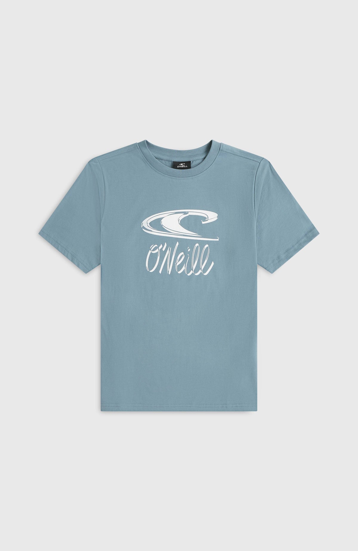 Essentials T-Shirt für Jungen, blau mit Logo-Print in Weiß, flach liegend von vorne fotografiert