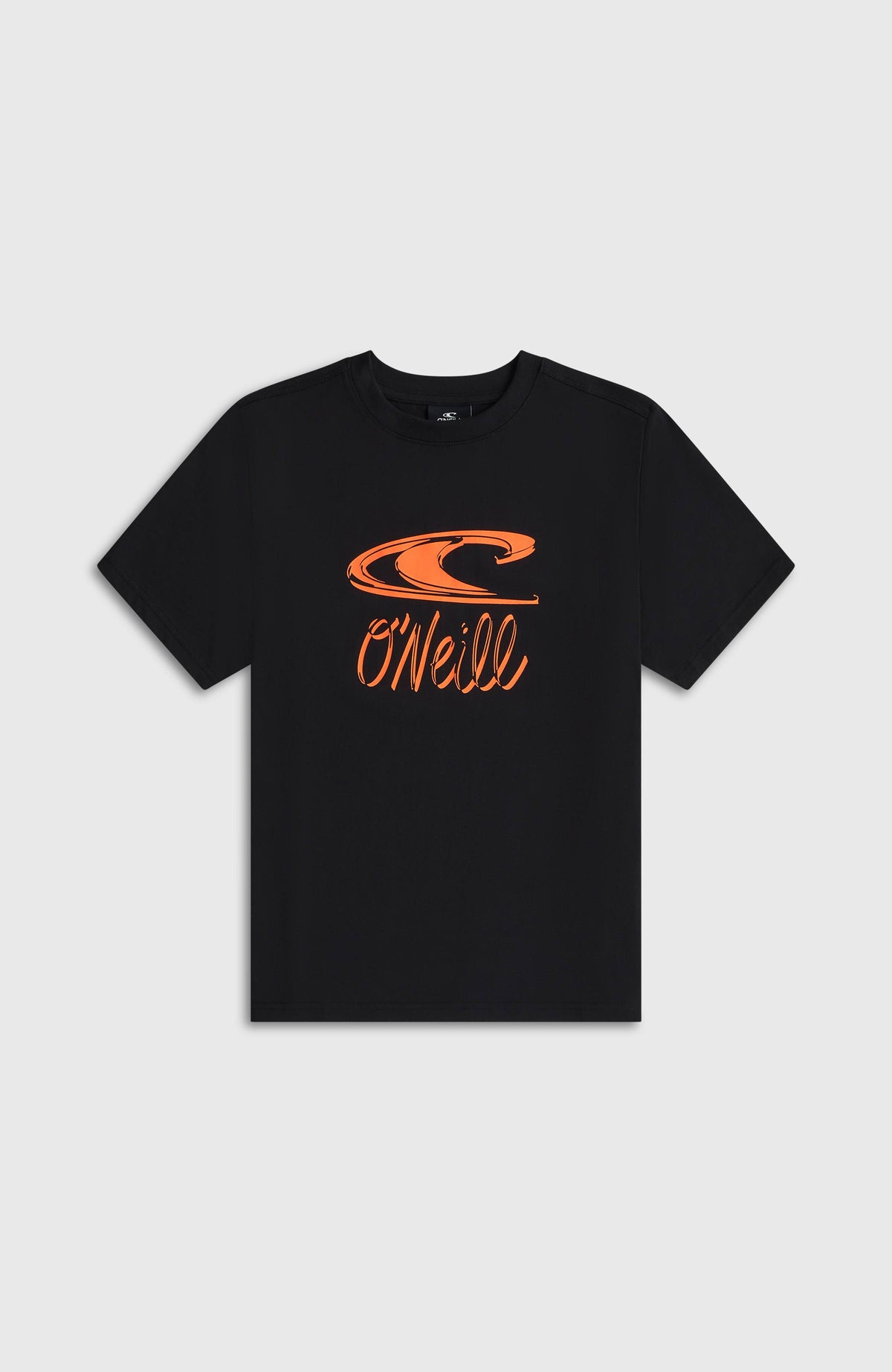 Essentials T-Shirt für Jungen, schwarz mit Logo-Print in Orange, flach liegend von vorne