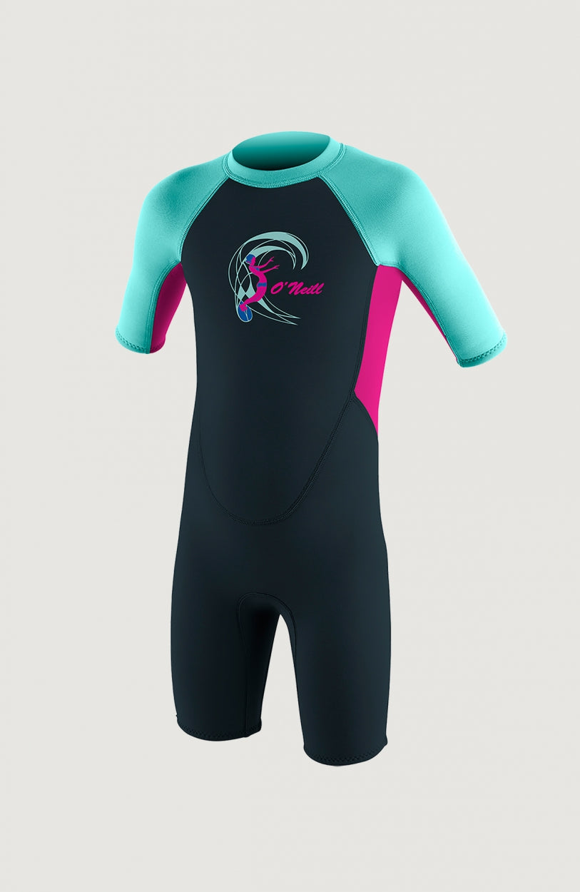 O'Neill Reactor 2mm Spring Wetsuit Neoprenanzug für Kinder, blau mit Logo-Print in Türkis und Pink, Vorderansicht