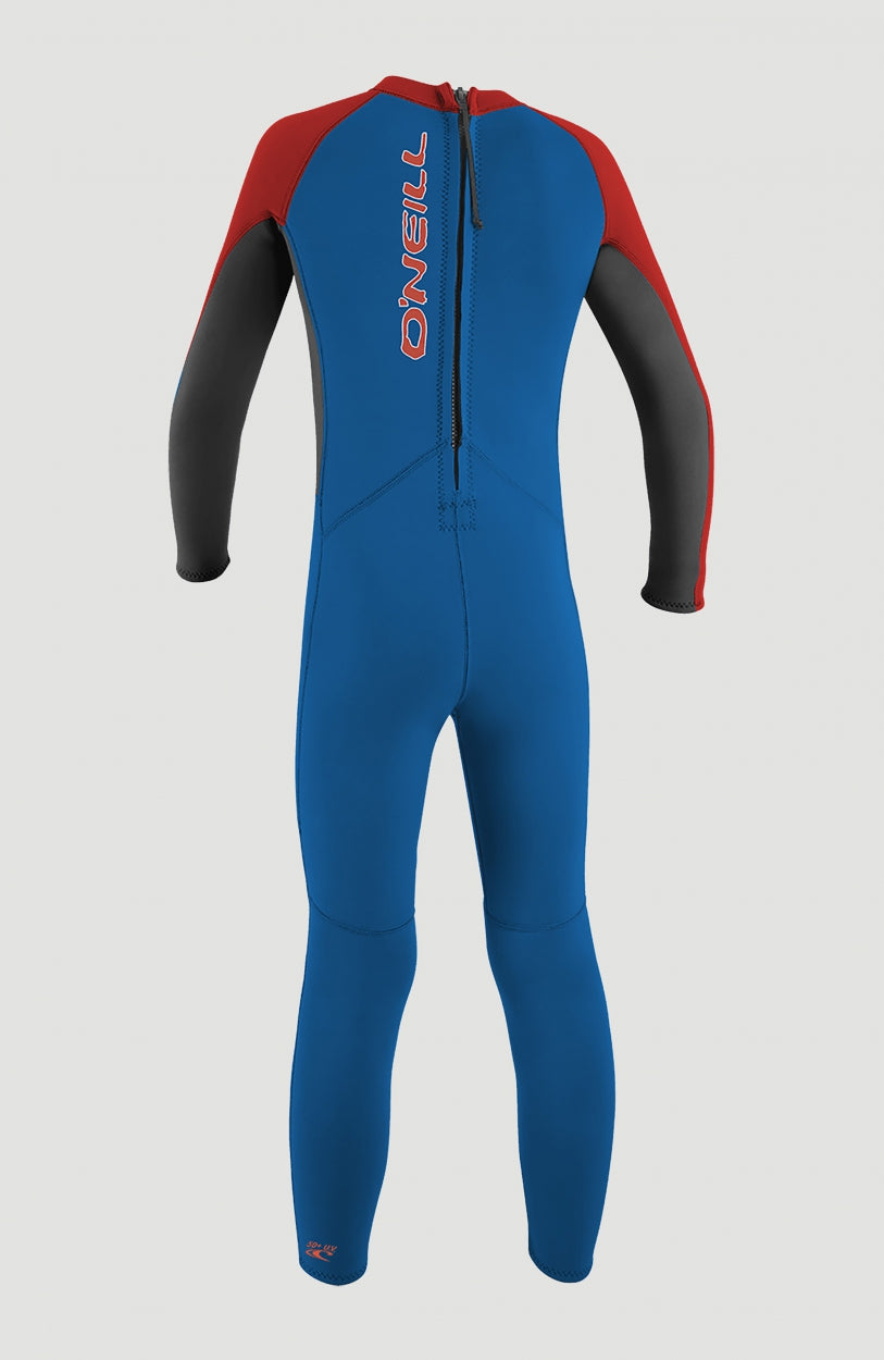 Reactor-2 2mm Back Zip Full Wetsuit Neoprenanzug für Jungen, blau, freigestellt von hinten, Reißverschluss am Rücken
