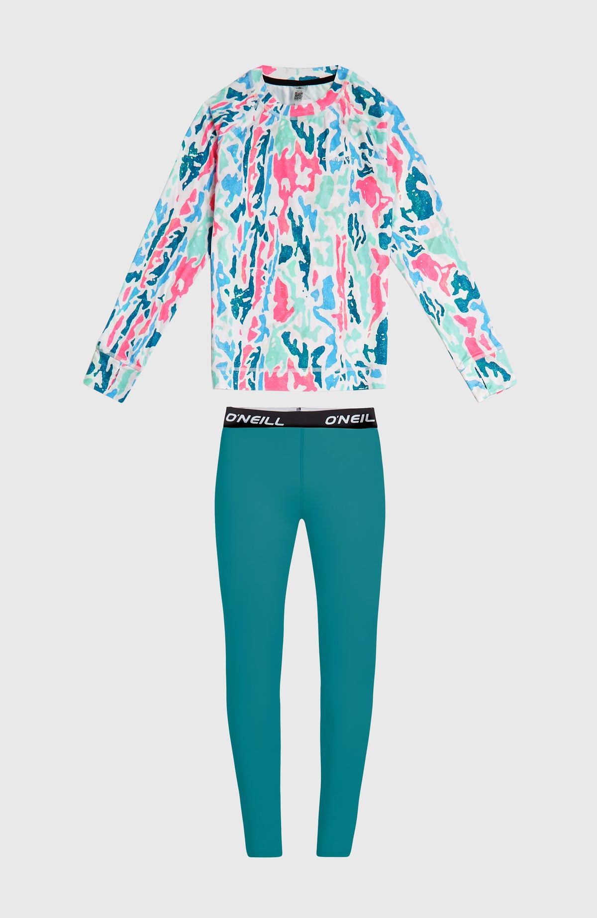 O'Neill Baselayer-Set für Jungen, weiß mit Camouflage-Muster in Pink und Türkis, flach liegend von vorne