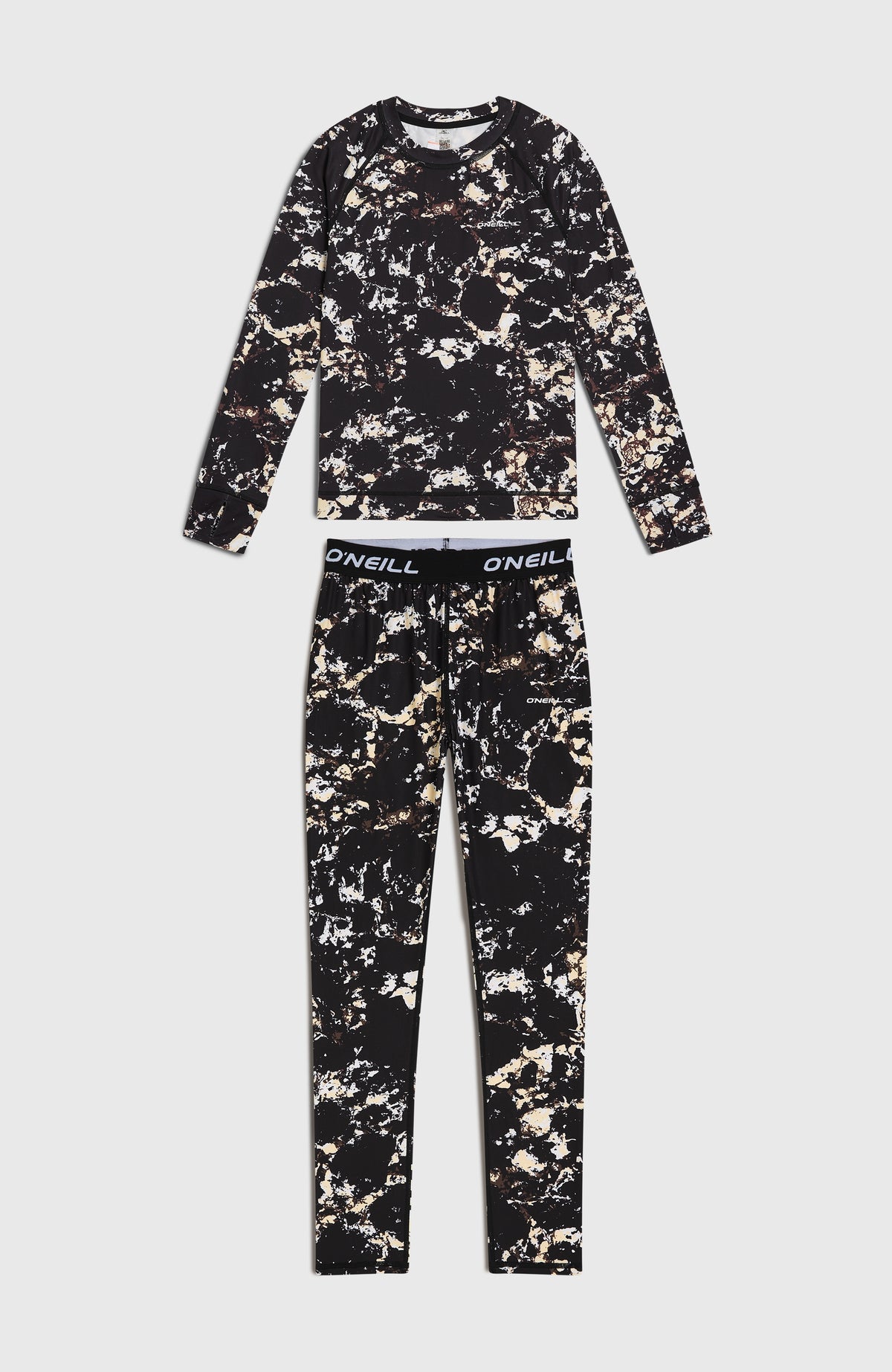 Baselayer-Set für Jungen, schwarz mit Marmormuster in Beige, flach liegend von vorne mit Hose und Shirt