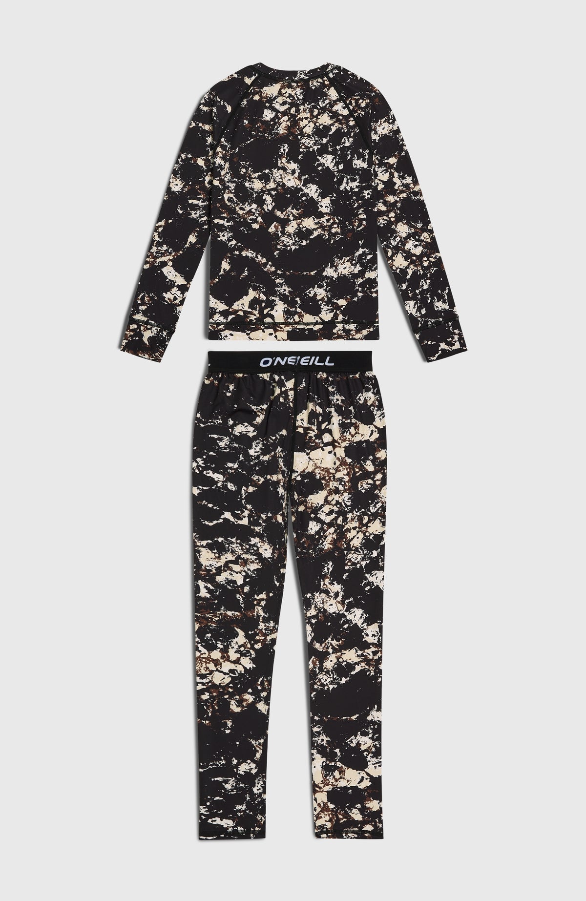 Baselayer-Set für Jungen, schwarz mit Marmormuster in Beige, flach liegend von hinten