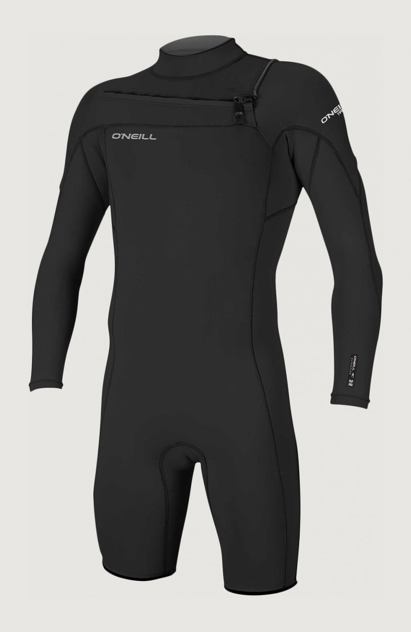 O'Neill Hammer 2mm Chest Zip Long Sleeve Spring Wetsuit für Herren, schwarz, freigestellt von vorne, Brust-Reißverschluss