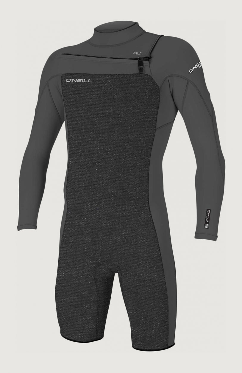 O'Neill Hammer 2mm Chest Zip Long Sleeve Spring Wetsuit für Herren, schwarz, freigestellt von vorne, Brust-Reißverschluss
