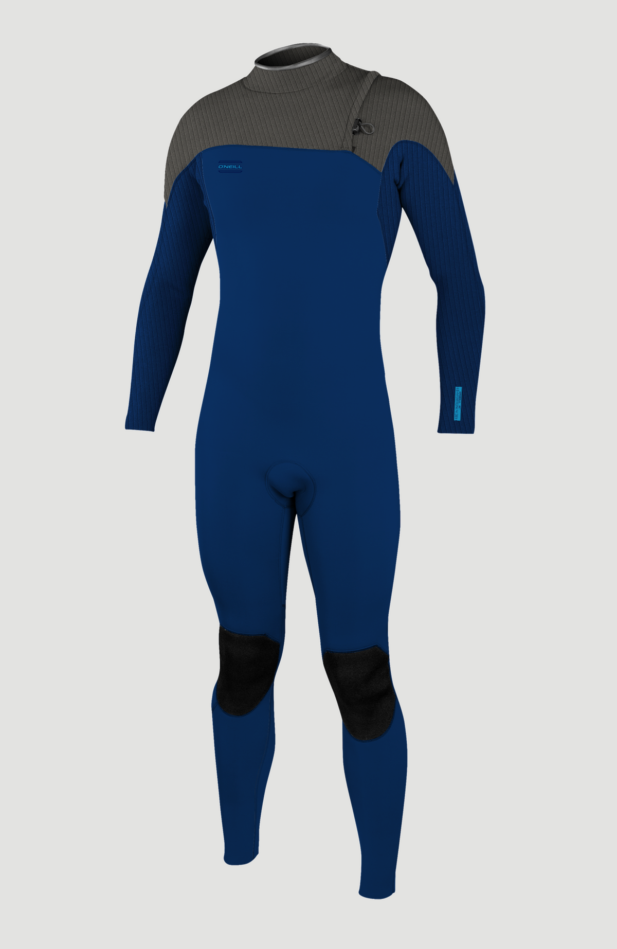 O'Neill Hyperfreak 4/3mm Comp Zipless Full Wetsuit für Herren, grau, freigestellt von vorne mit Kordelzug am Kragen