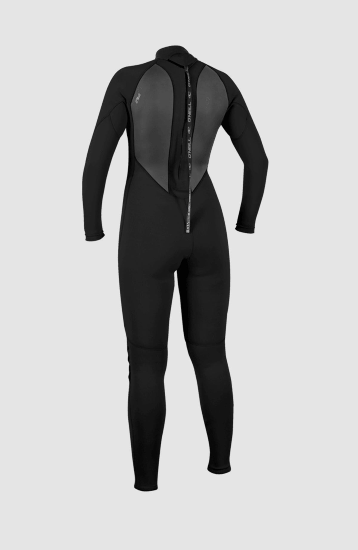Schwarzer Reactor-2 3/2 Back Zip Full Wetsuit Neoprenanzug für Damen, freigestellt von hinten mit Reißverschluss