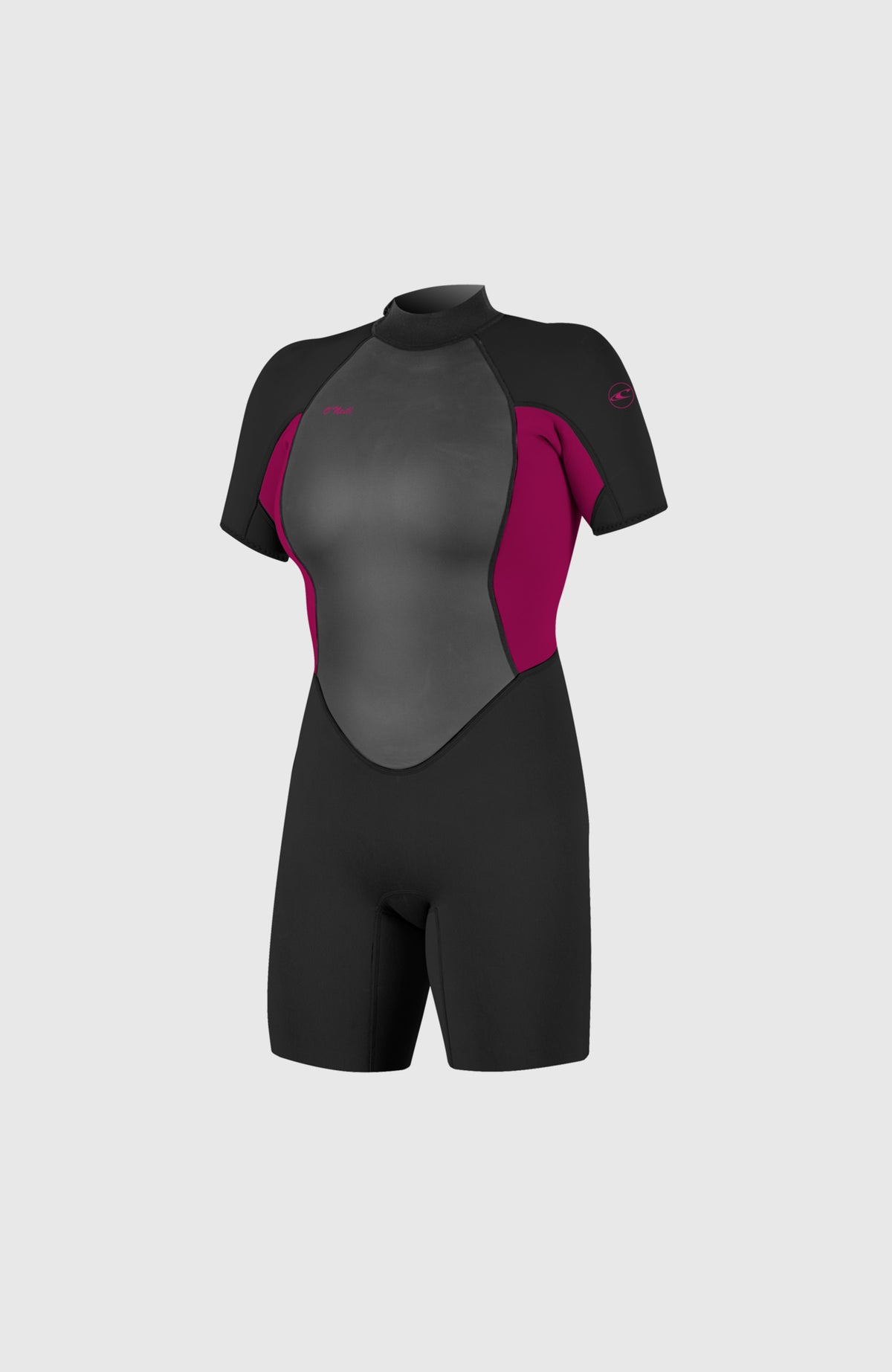 O'Neill Reactor-2 2mm Back Zip Short Sleeve Spring Wetsuit für Damen, schwarz, freigestellt in Vorderansicht