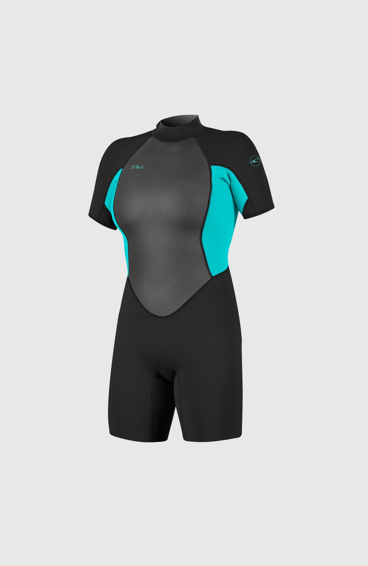 O'Neill Reactor-2 2mm Back Zip Short Sleeve Spring Wetsuit für Damen, schwarz, freigestellt in Vorderansicht