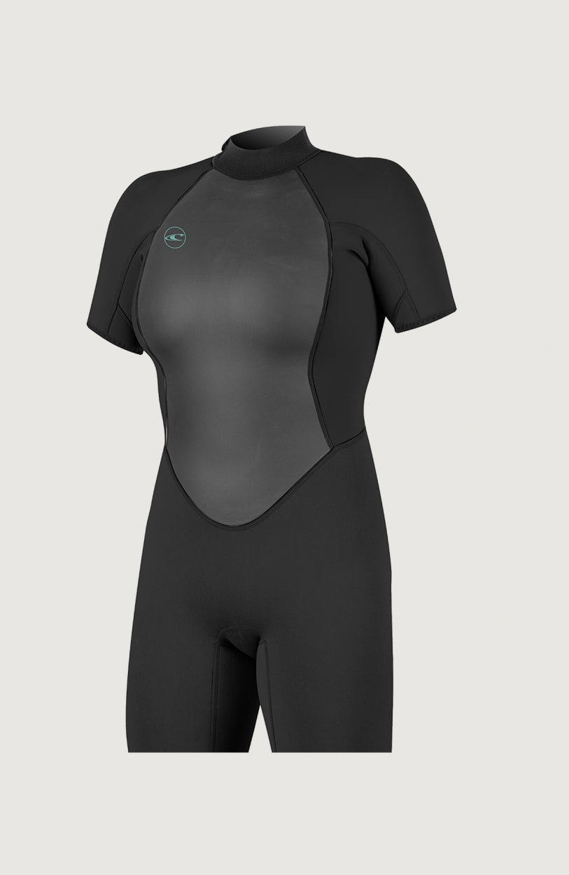 O'Neill Reactor-2 2mm Back Zip Shortsleeve Spring Wetsuit für Damen in Schwarz, freigestellt in Vorderansicht