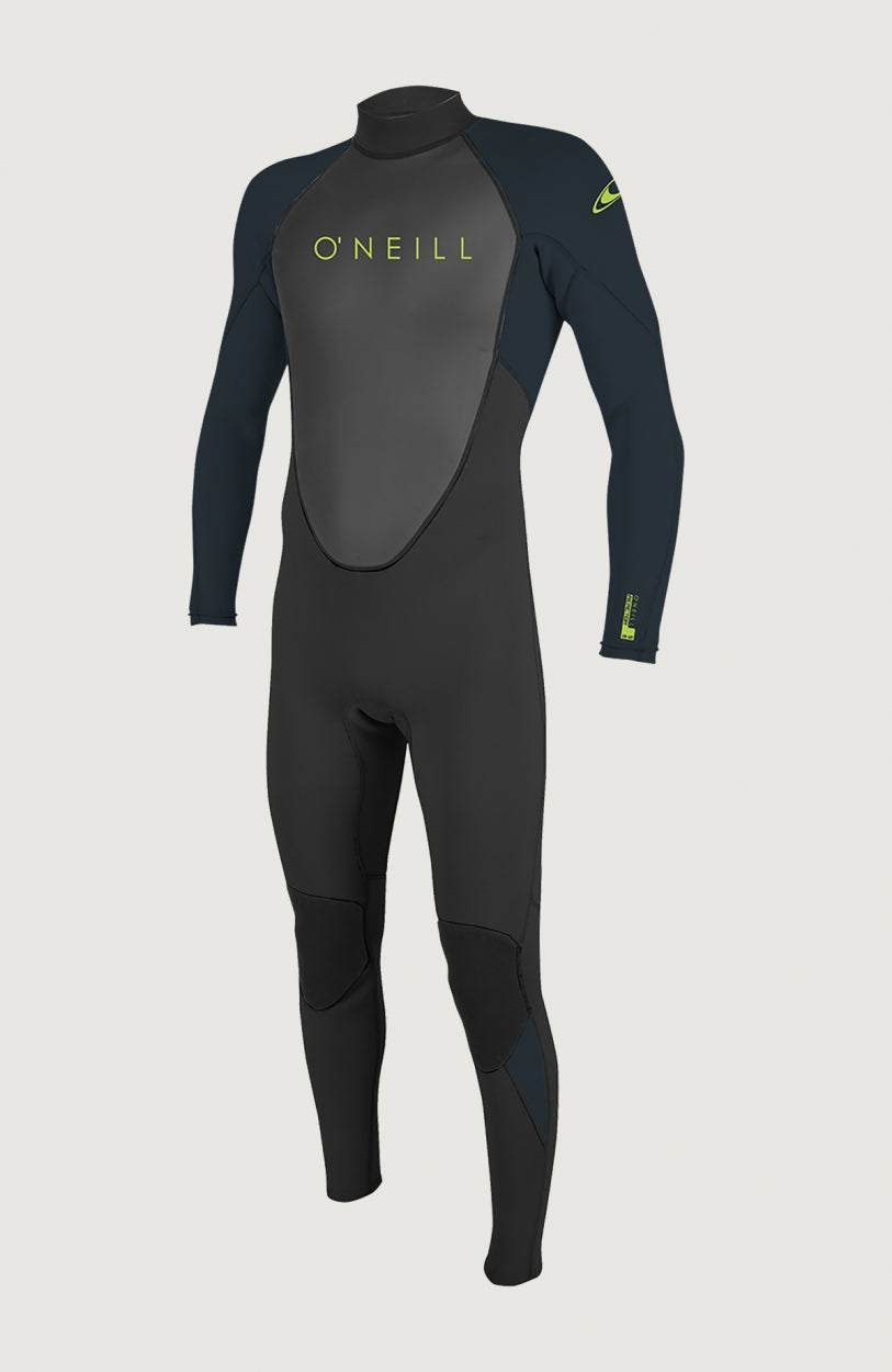 Schwarzer Reactor-2 3/2mm Back Zip Full Wetsuit Neoprenanzug, freigestellt von vorne, gelber Logo-Schriftzug auf der Brust
