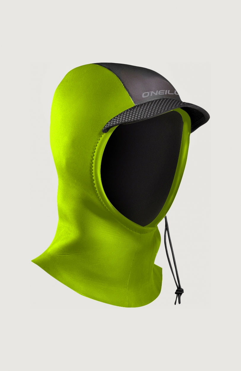 Kinder Psycho Hood 3mm Neoprenhaube, grün, freigestellt von schräg vorne, mit Schirm und Kordelzug