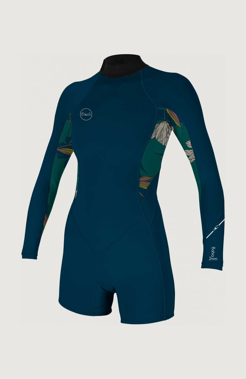 O'Neill Bahia 2/1mm Back Zip Longsleeve Spring Wetsuit für Damen, blau mit Blumenmuster in Grün, Vorderansicht