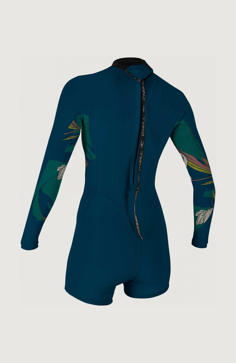 Blauer Bahia 2/1mm Neoprenanzug für Damen mit Blumenmuster in Grün, Rückansicht mit langem Reißverschlussband