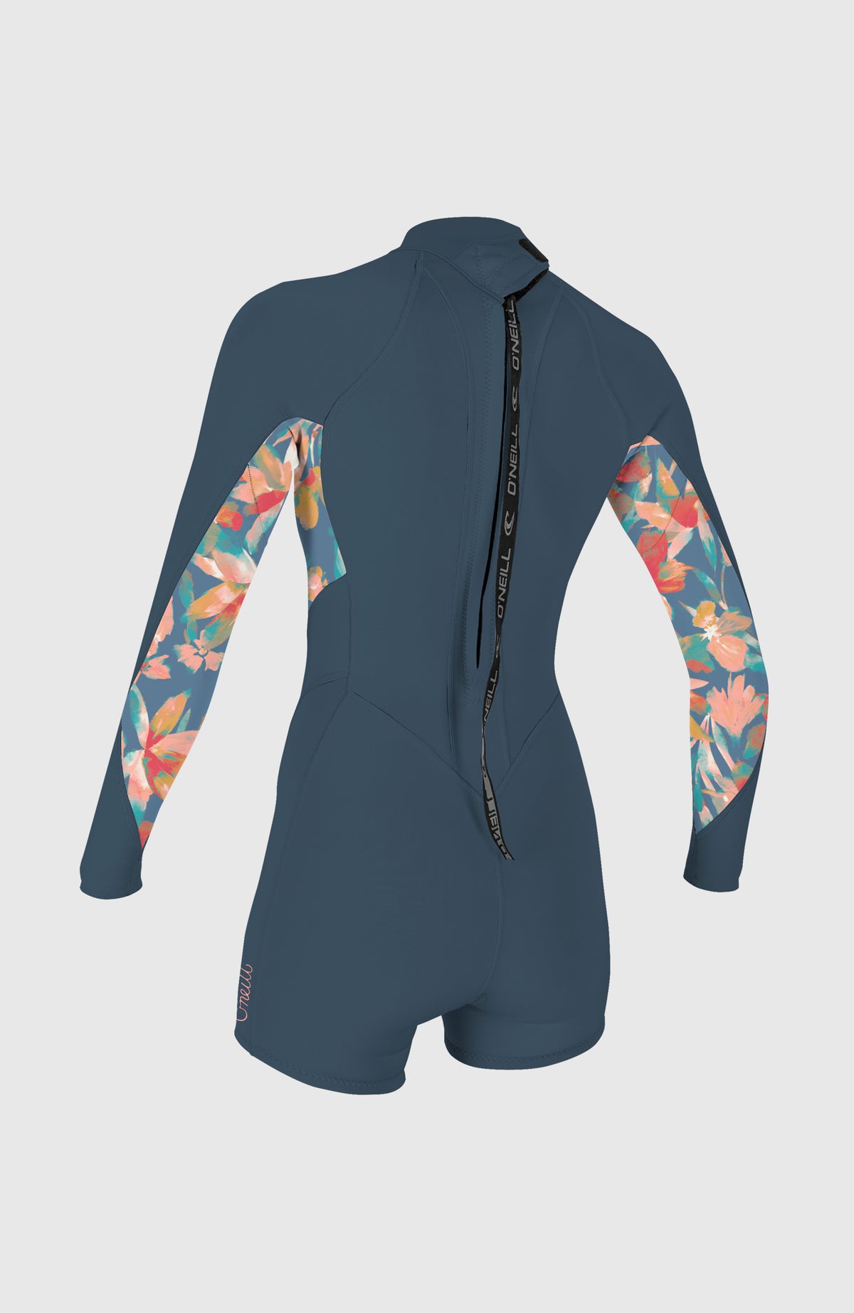 Blauer Bahia 2/1mm Neoprenanzug für Damen mit Blumenmuster in Rosa, Rückansicht mit Reißverschluss an der Rückseite