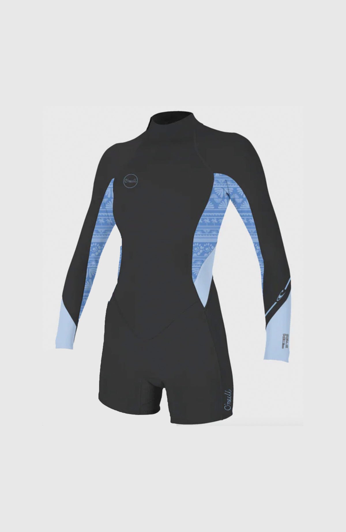 O'Neill Bahia 2/1mm Back Zip Longsleeve Spring Wetsuit für Damen, schwarz mit Grafikmuster in Hellblau, freigestellt