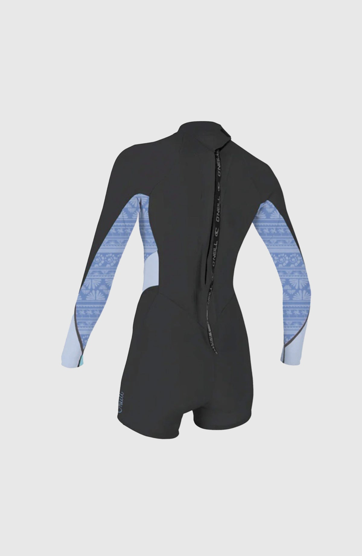 Schwarzer Bahia 2/1mm Neoprenanzug mit Grafikmuster in Hellblau, freigestellt von hinten, Reißverschluss an der Rückseite