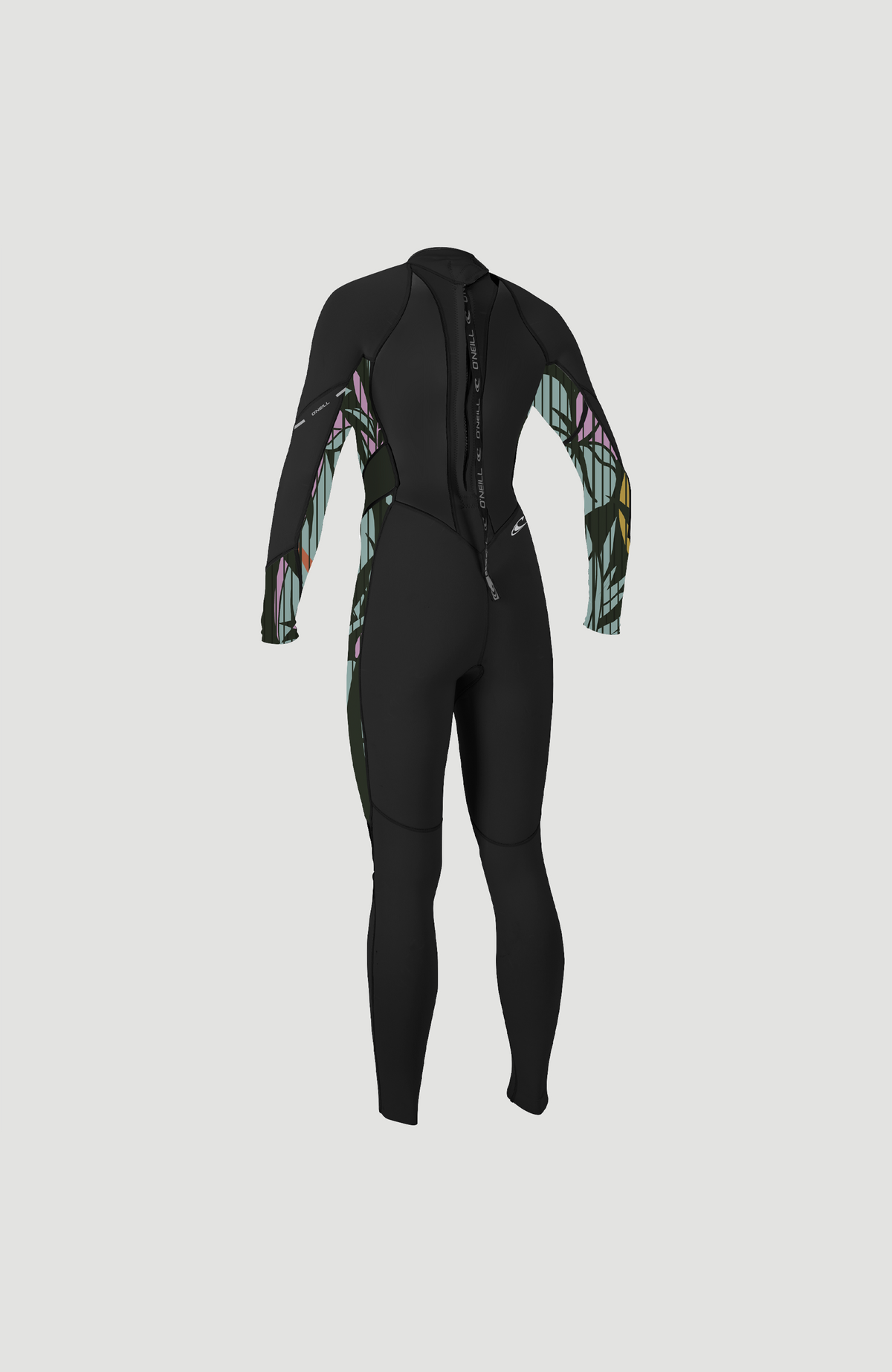Wms Bahia 3/2 Back Zip Full Neoprenanzug für Damen, schwarz mit Grafikmuster in Rosa und Grün, Ansicht von hinten