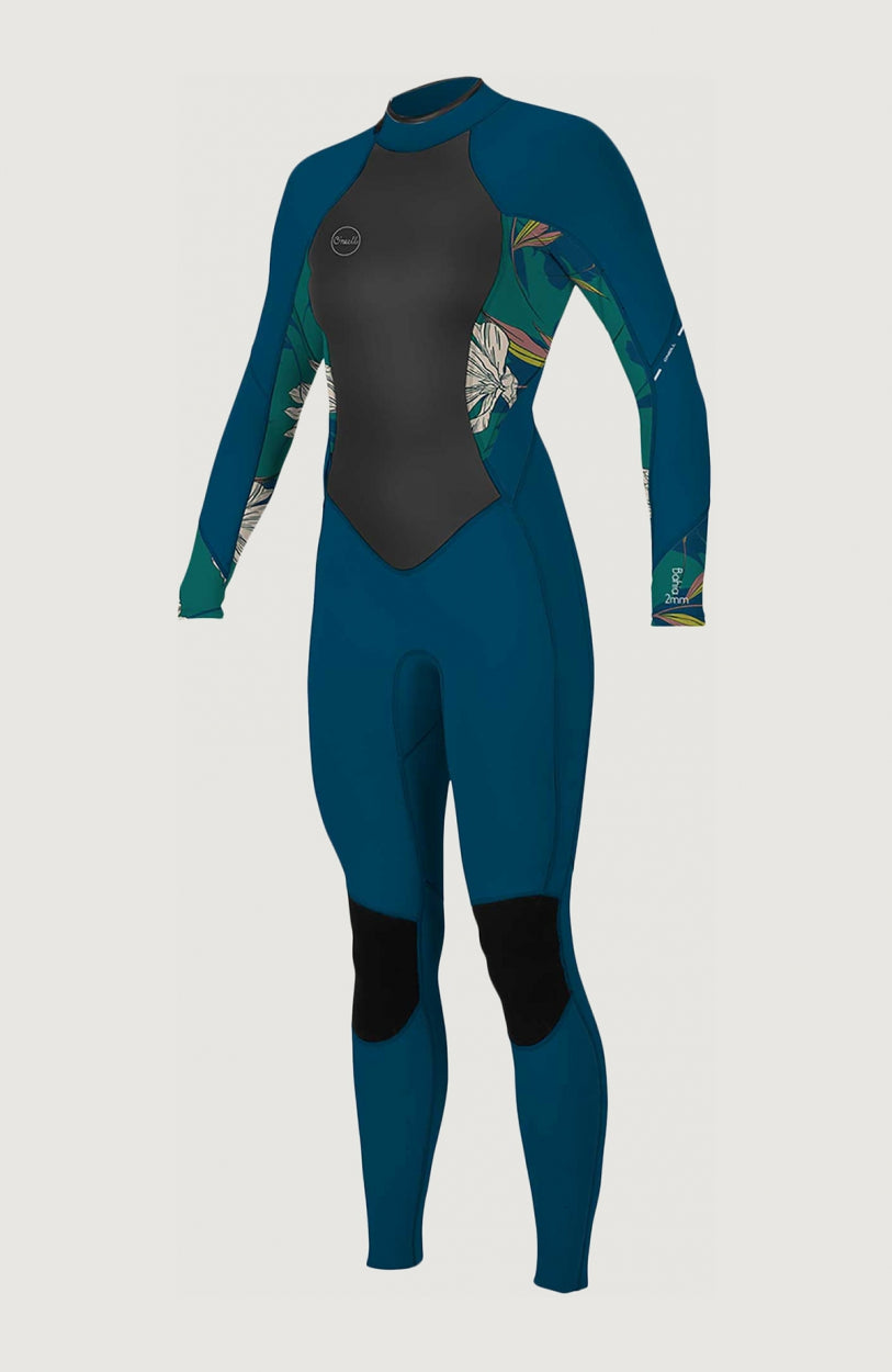 O'Neill Wms Bahia 3/2 Back Zip Full Neoprenanzug für Damen, blau mit Blumenmuster in Weiß, freigestellt von vorne
