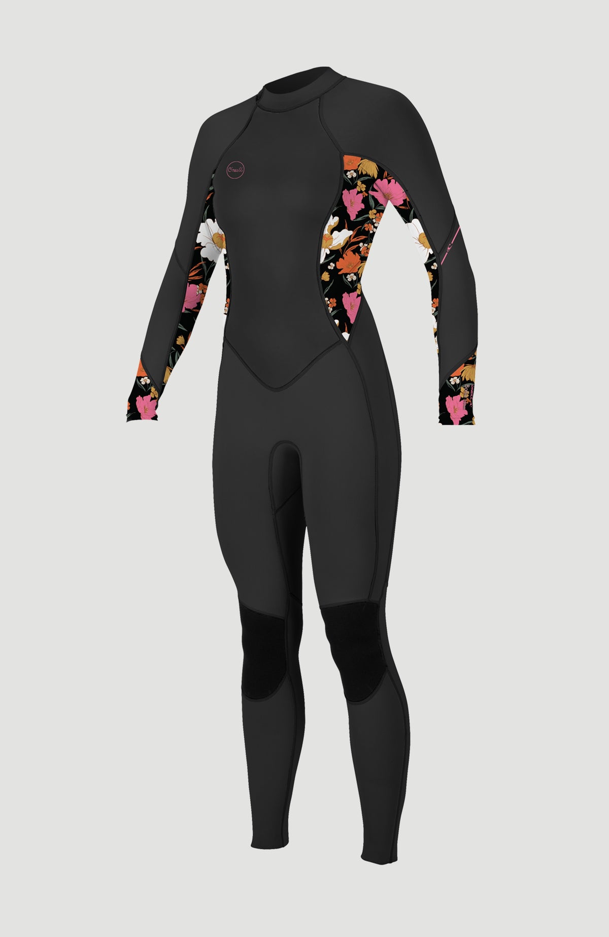 O'Neill Wms Bahia 3/2 Back Zip Full Neoprenanzug für Damen, schwarz mit Blumenmuster in Pink und Weiß, freigestellt