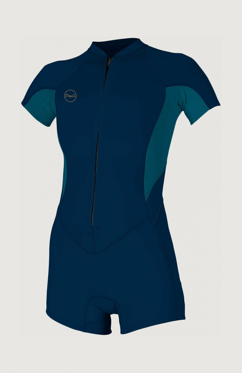 O'Neill Bahia 2/1mm Front Zip Shortsleeve Spring Wetsuit Neoprenanzug für Damen, blau, freigestellt von vorne