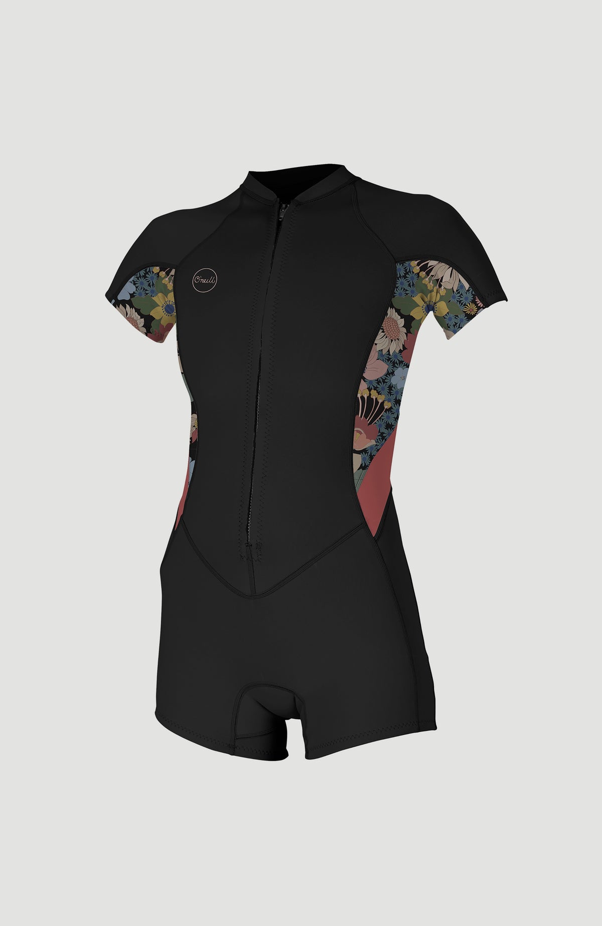 O'Neill Bahia 2/1mm Front Zip Shortsleeve Spring Wetsuit für Damen, schwarz mit Blumenmuster in Rosa und Blau, freigestellt