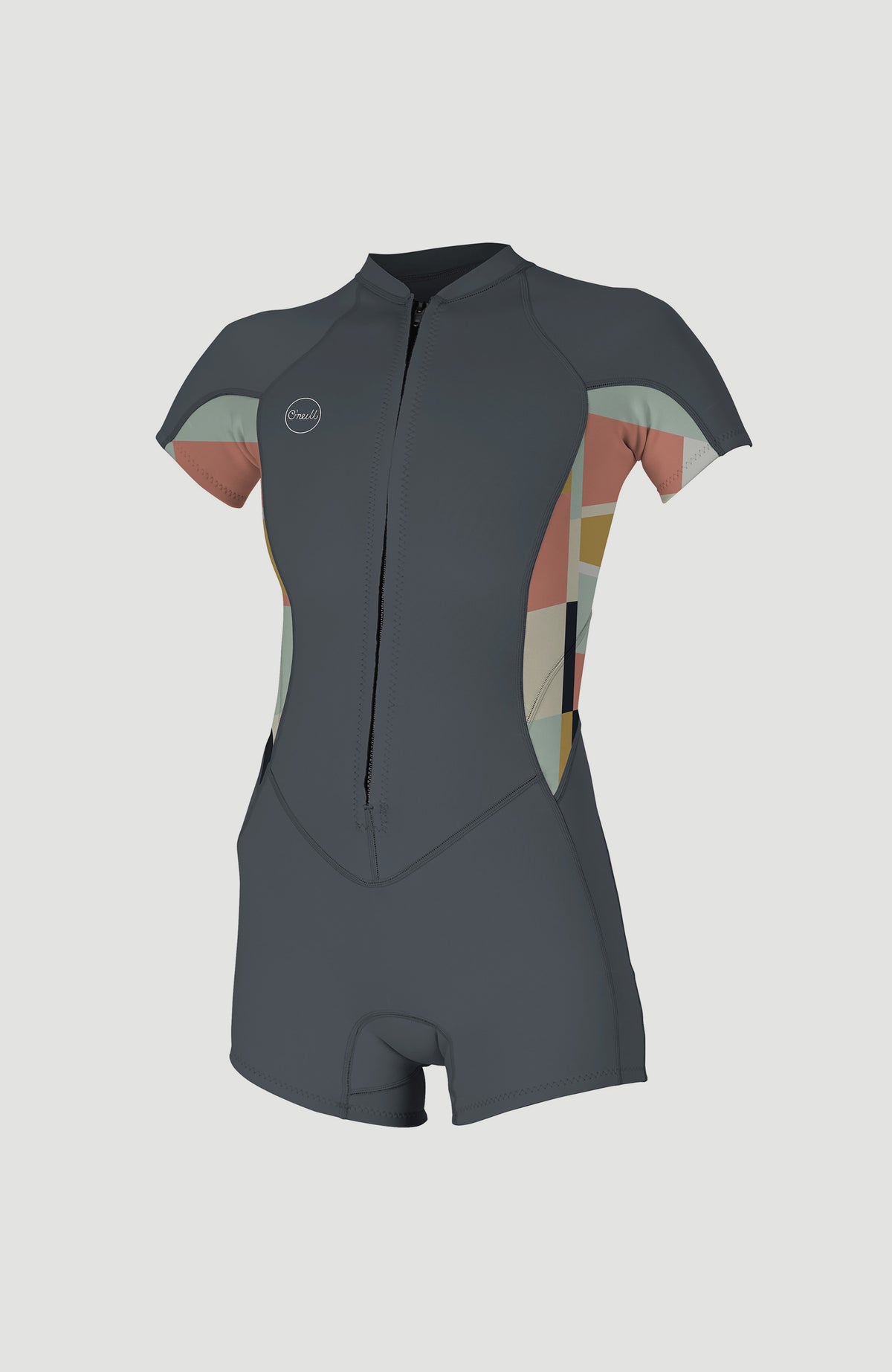 O'Neill Bahia 2/1mm Front Zip Shortsleeve Spring Wetsuit für Damen, blau mit Karomuster in Rosa und Gelb, Vorderansicht