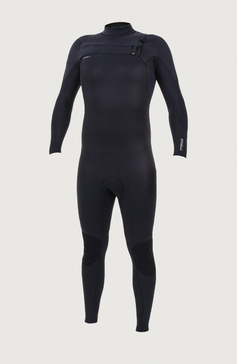 O'Neill Hyperfreak Plus 3/2mm Chest Zip Full Wetsuit für Herren, schwarz, freigestellt von vorne